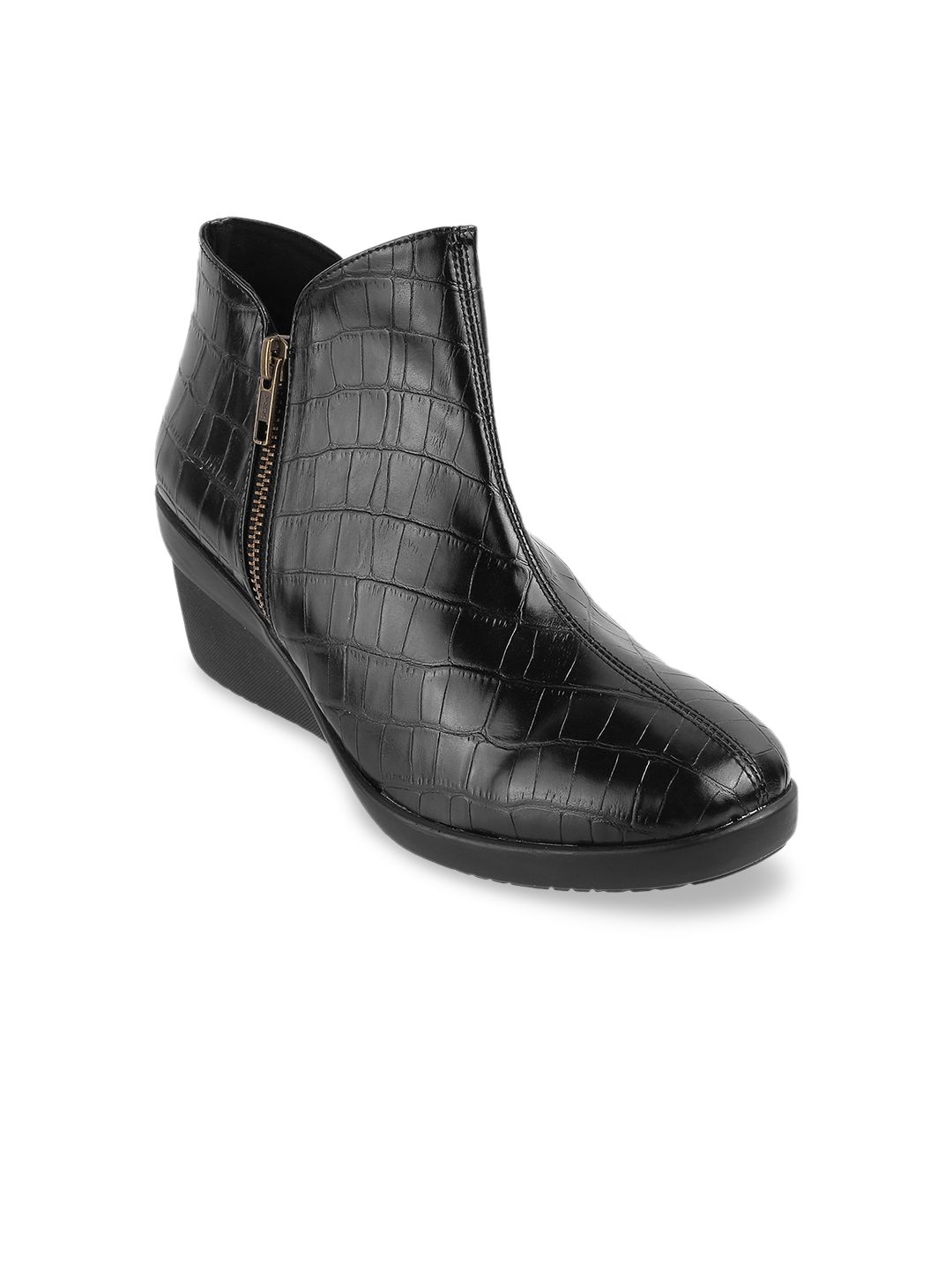 Catwalk Women Black Crocodile Textured Flat Boots Price in India