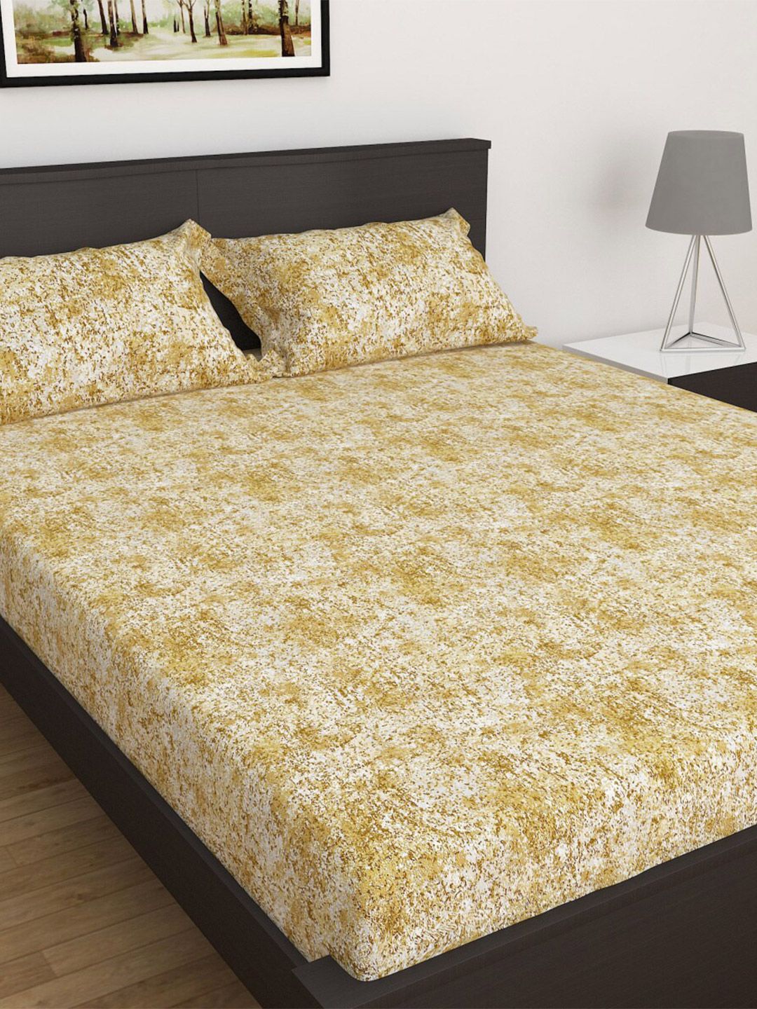 Home Centre Yellow & Off White 152 TC King Bedsheet with 2 Pillow Covers Price in India