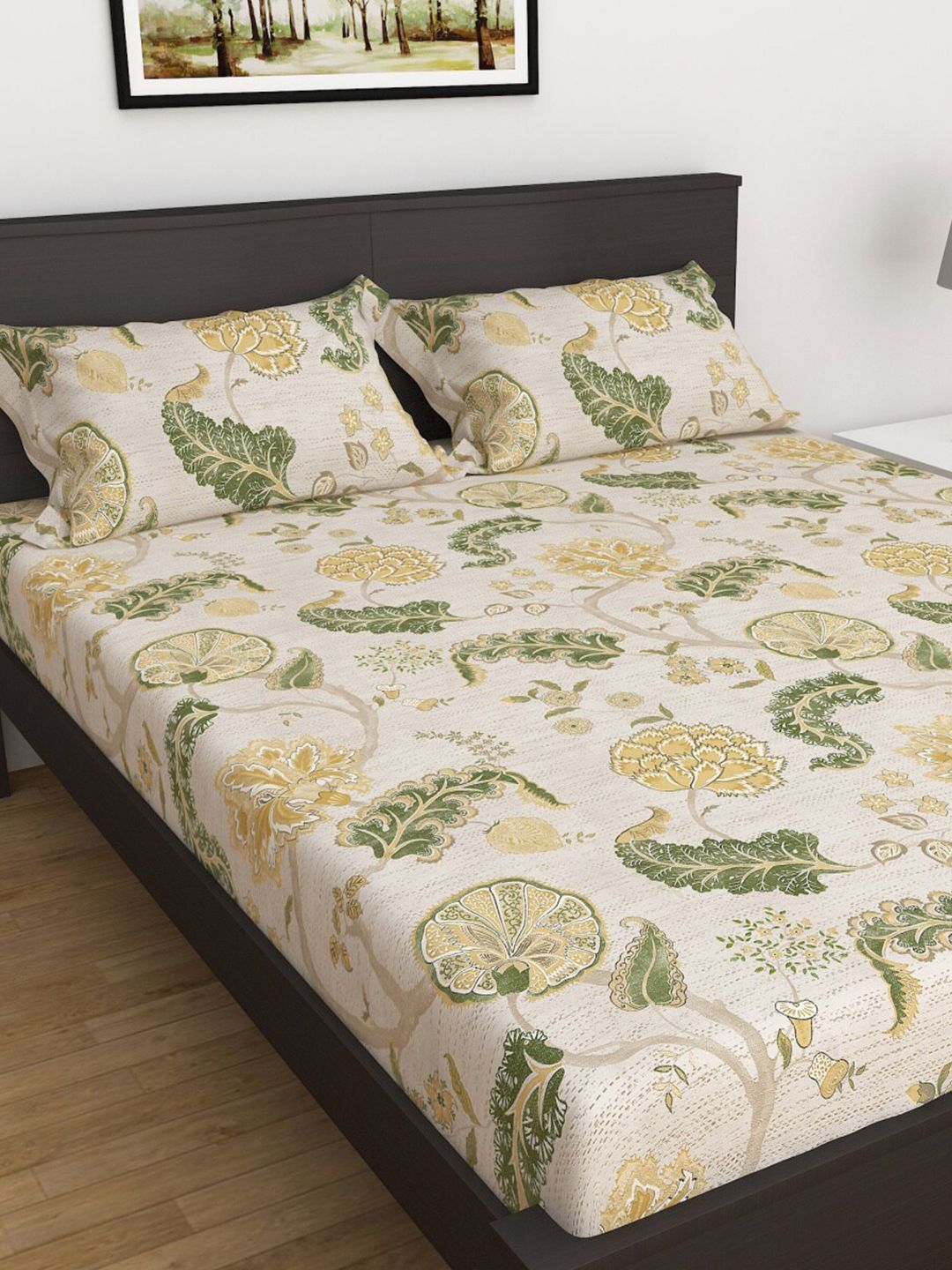 Home Centre Beige & Green 152 TC Cotton Healthy Living King Bedsheet & 2 Pillow Covers Price in India