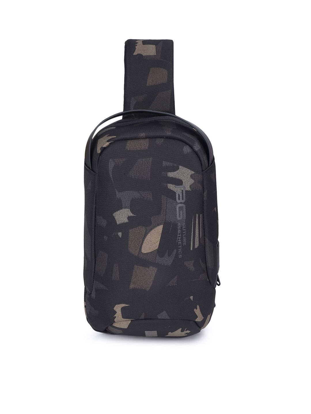 BANGE Unisex Black & Grey Camouflage Printed Crossbody Sling Bag With USB Charging Price in India