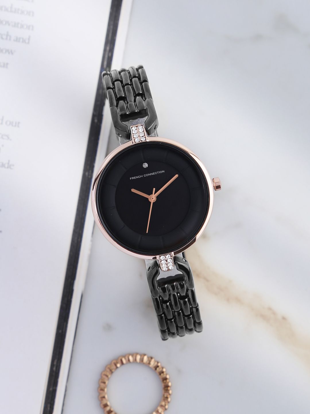 French Connection Women Black Dial & Black Bracelet Style Straps Analogue Watch FC25BM Price in India