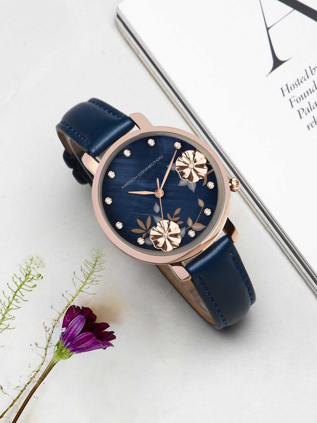 French Connection Women Blue Printed Dial & Blue Leather Straps Analogue Watch FC21U Price in India