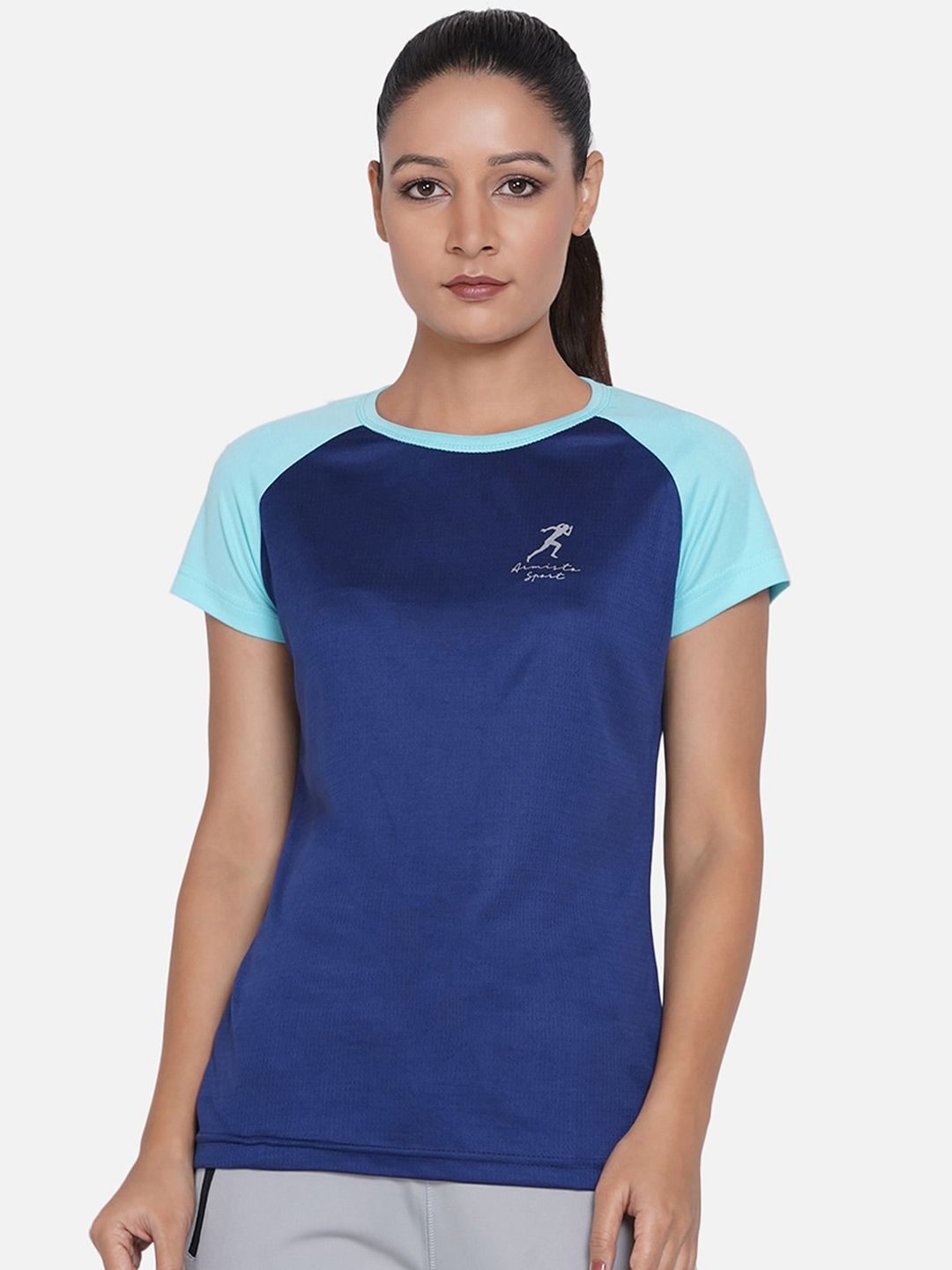 ARMISTO Women Blue & Turquoise Blue Colourblocked Dri-FIT Slim Fit Training or Gym T-shirt Price in India