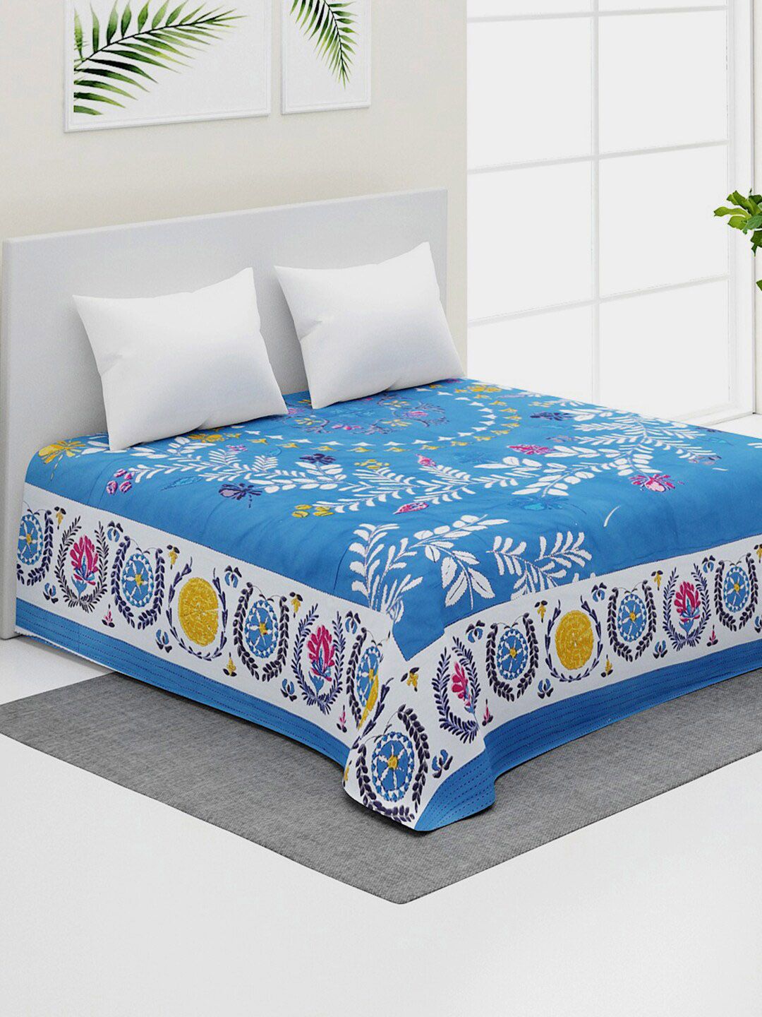 Rajasthan Decor Blue & White Hand Embroidered Pure Cotton Bed Cover Price in India