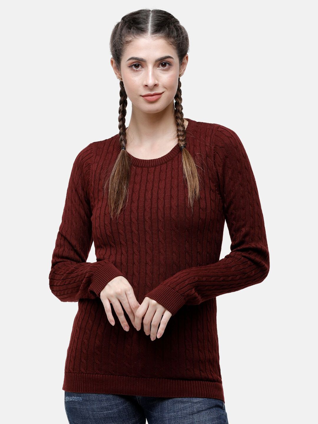 98 Degree North Women Burgundy Striped Pullover Price in India