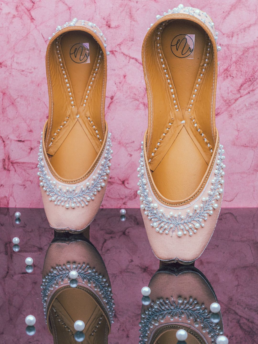 NR By Nidhi Rathi Women Peach-Coloured Embellished Mojaris Flats Price in India