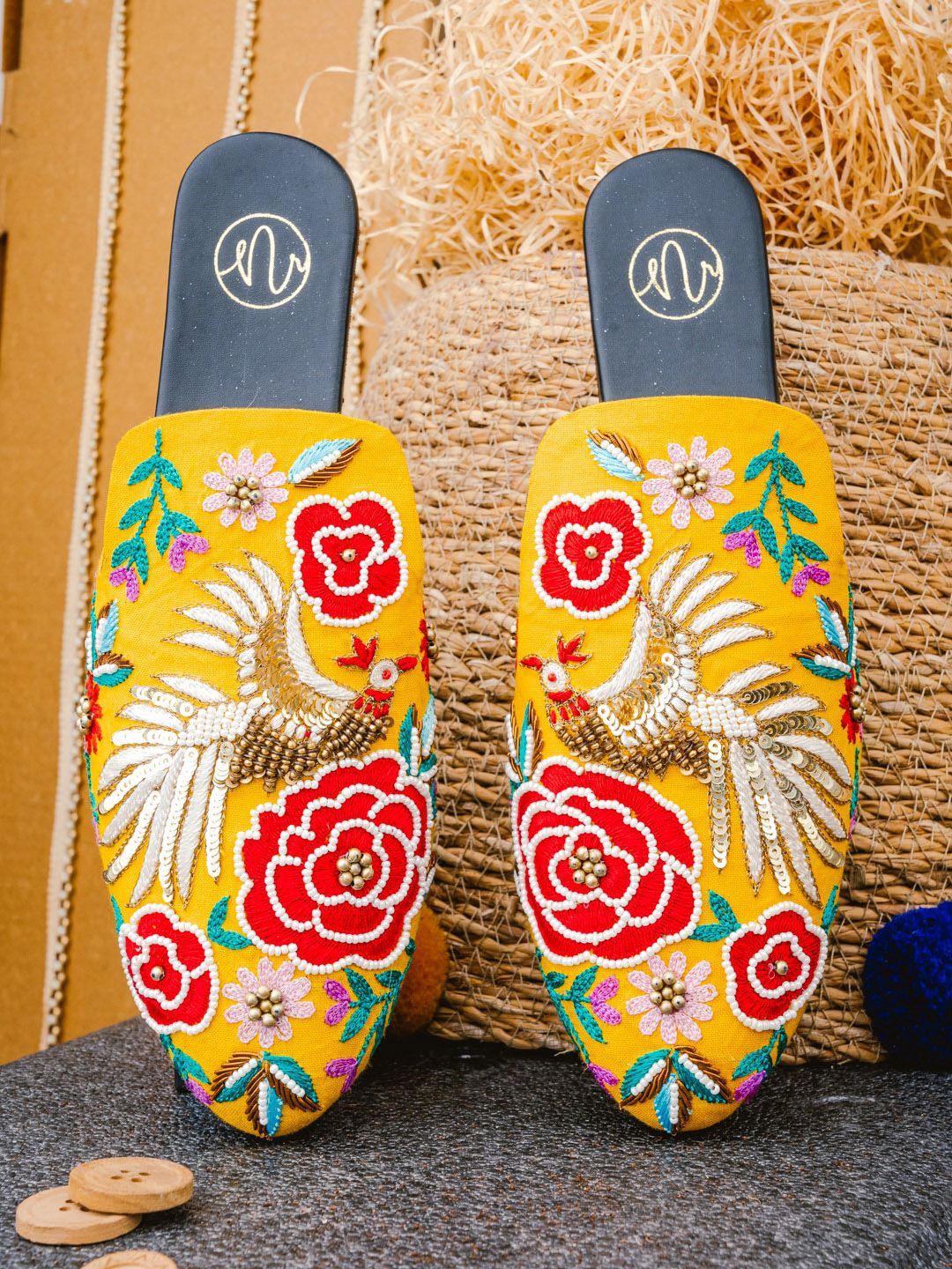 NR By Nidhi Rathi Women Yellow Mules with Embroidered Flats Price in India