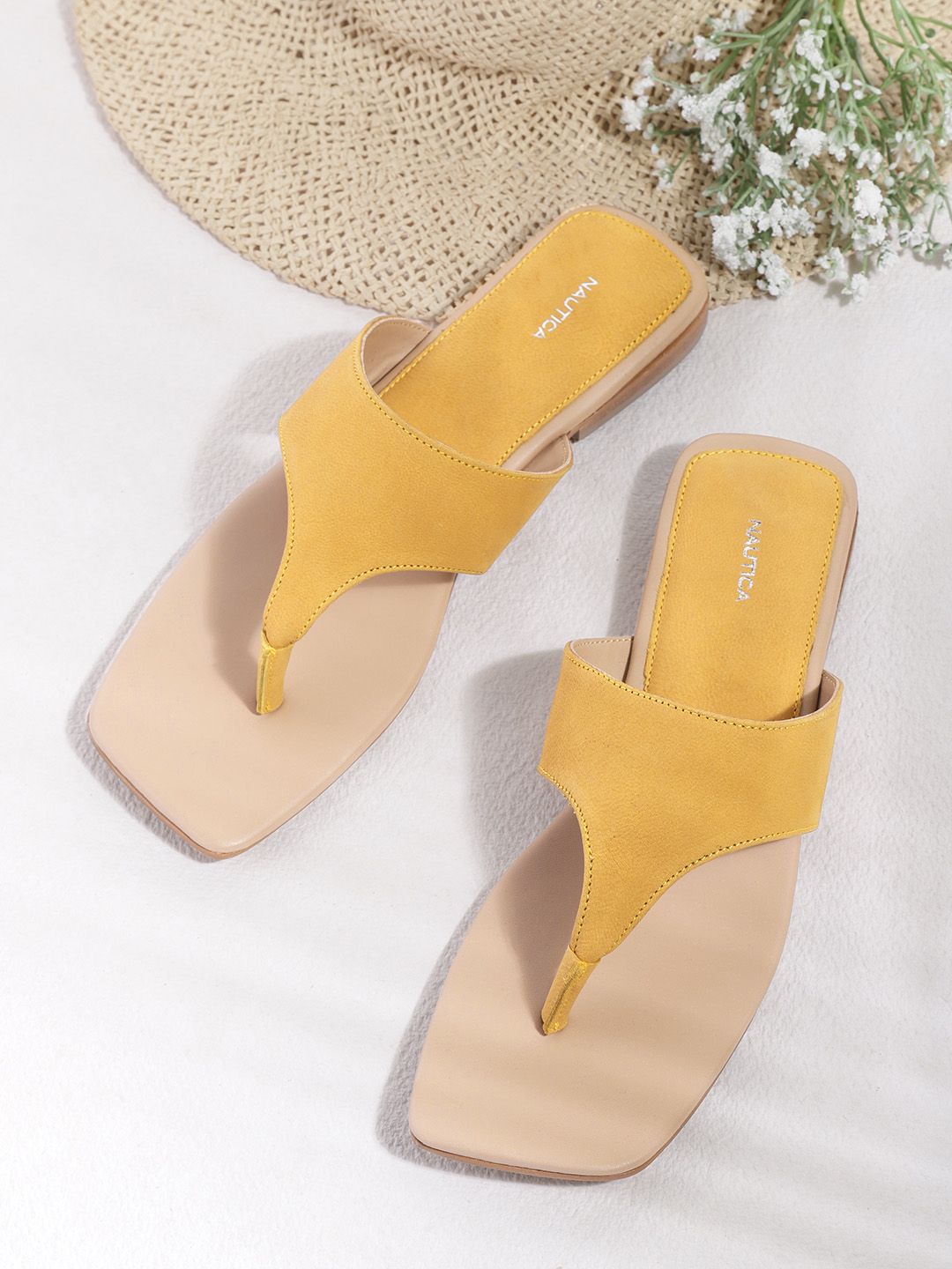 Nautica Women Mustard Yellow Solid Leather T-Strap Flats Price in India