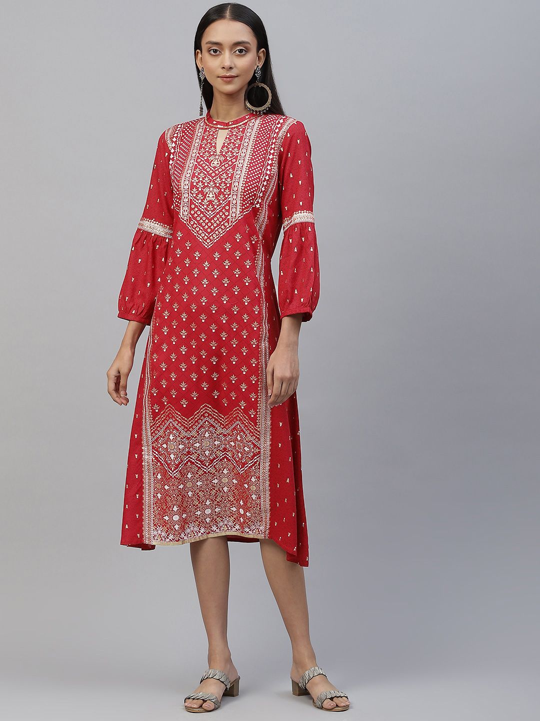AURELIA Women Red & Golden Ethnic Motifs A-Line Midi Ethnic Dress Price in India