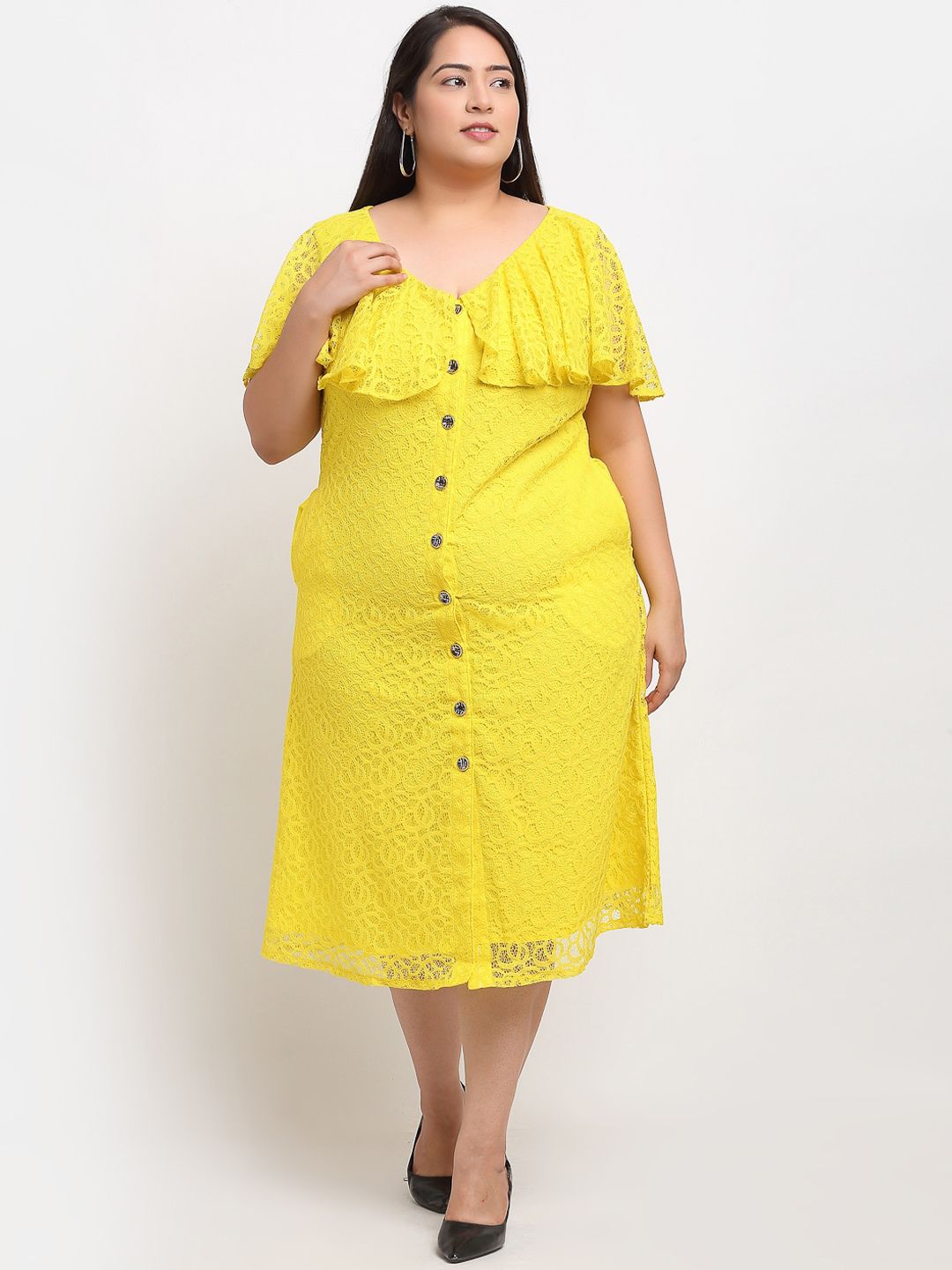 Flambeur Yellow Net A-Line Midi Plus Size Dress Price in India