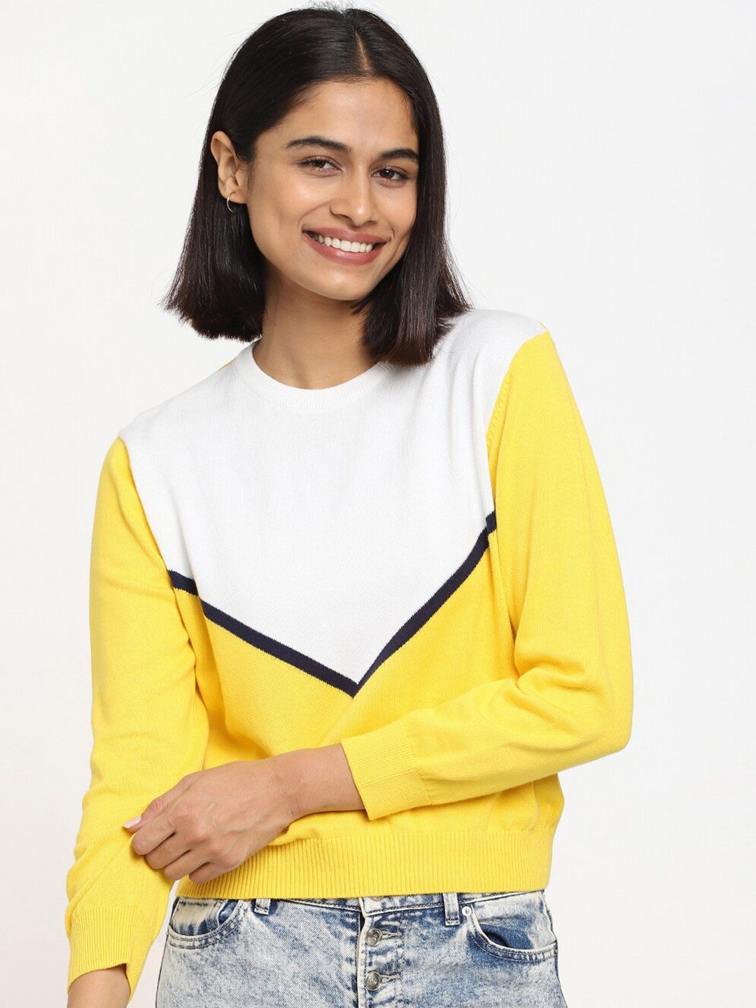 Bewakoof Women Yellow & White Colourblocked Pullover Price in India