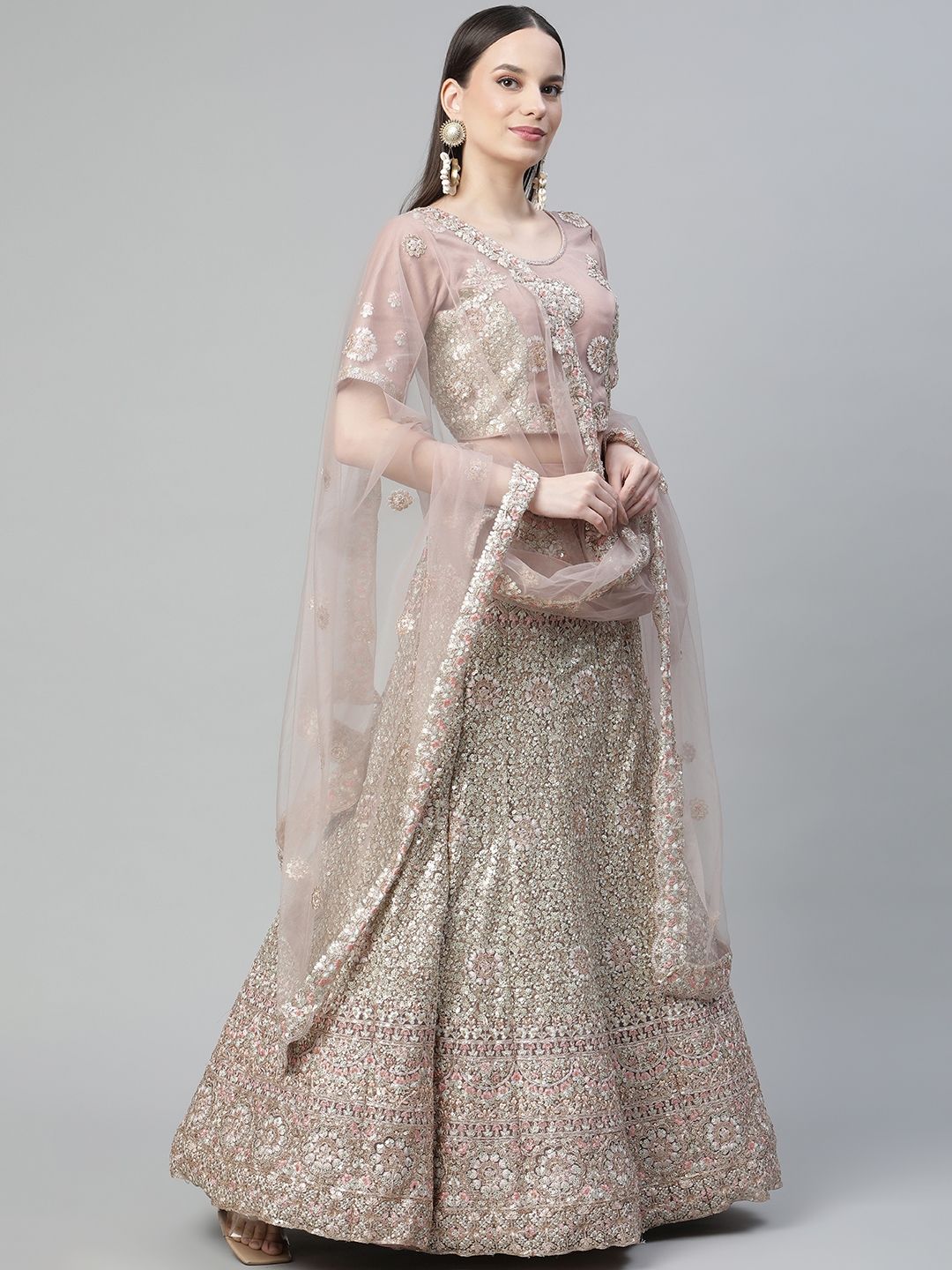 Readiprint Fashions Mauve Embroidered Sequinned Semi-Stitched Lehenga & Unstitched Blouse With Dupatta Price in India