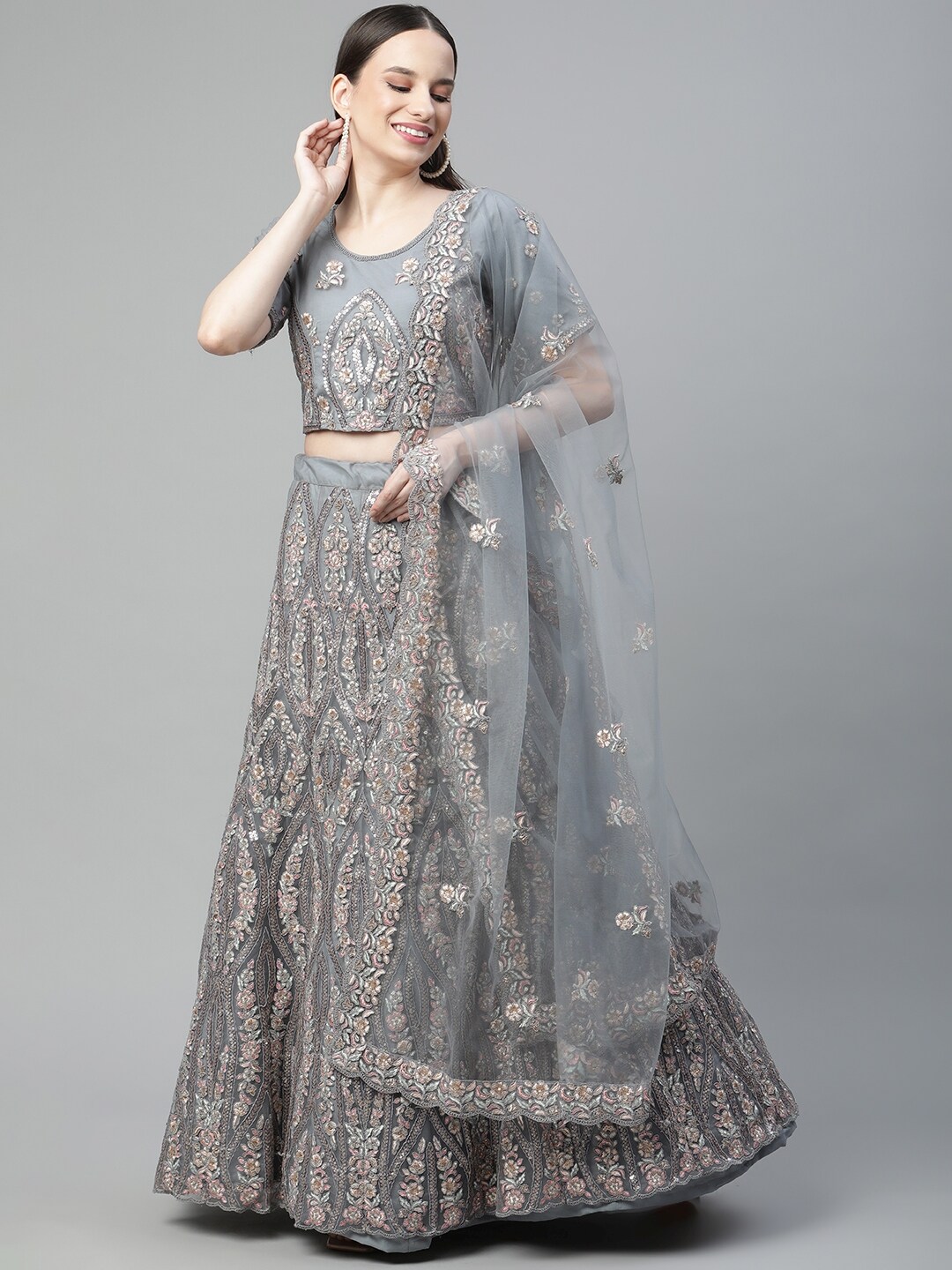 Readiprint Fashions Grey Embroidered Sequinned Semi-Stitched Lehenga & Unstitched Blouse With Dupatta Price in India