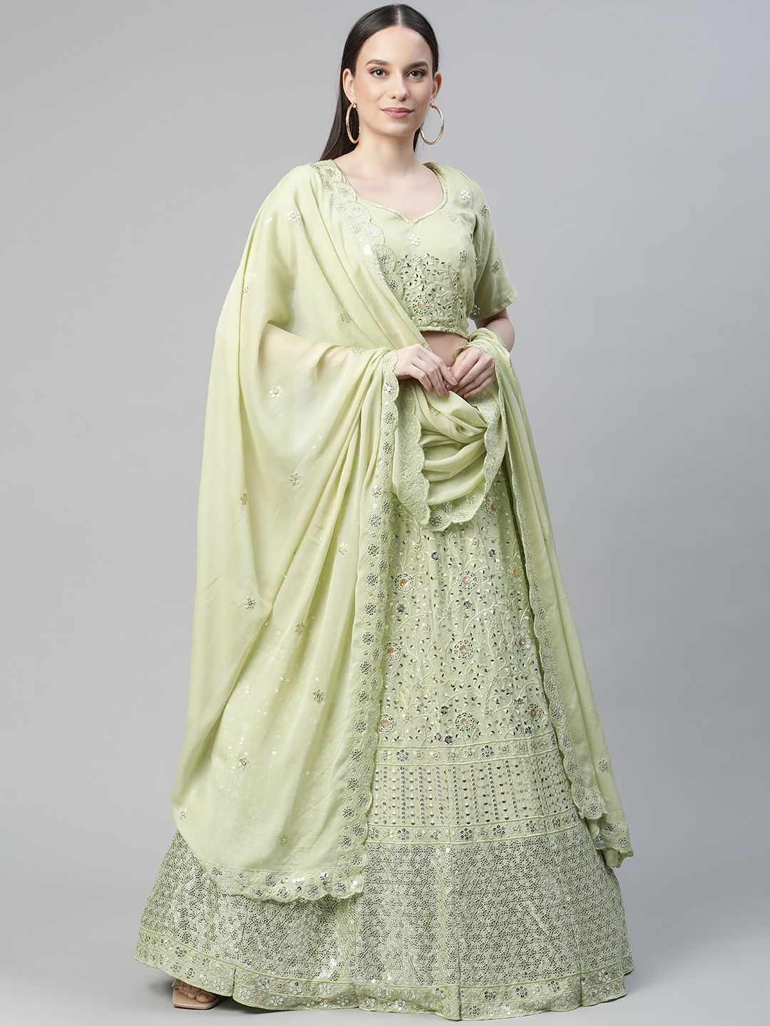 Readiprint Fashions Green Embroidered Sequinned Semi-Stitched Lehenga & Unstitched Blouse With Dupatta Price in India