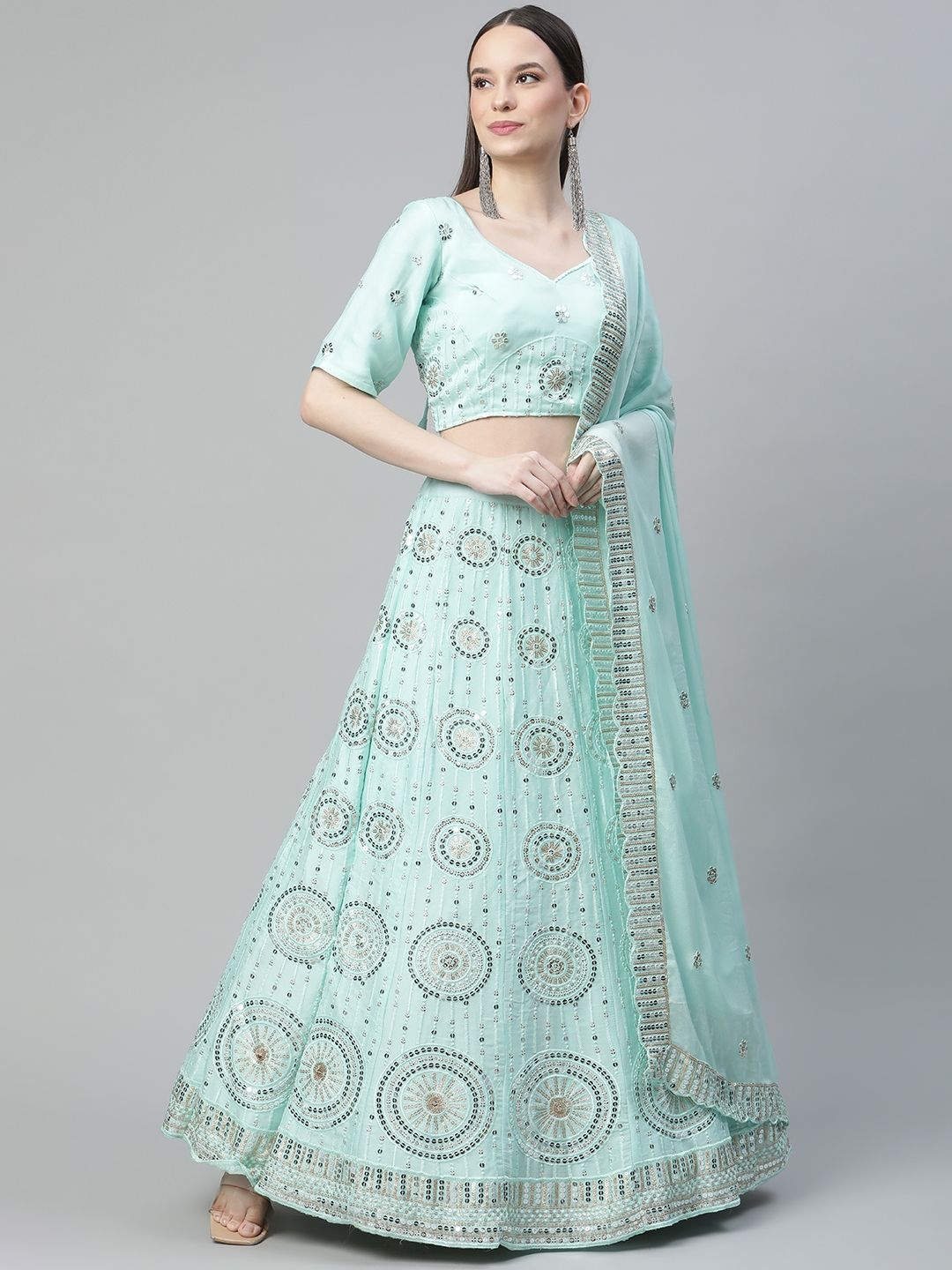 Readiprint Fashions Turquoise Blue Embroidered Sequinned Semi-Stitched Lehenga & Unstitched Blouse With Price in India