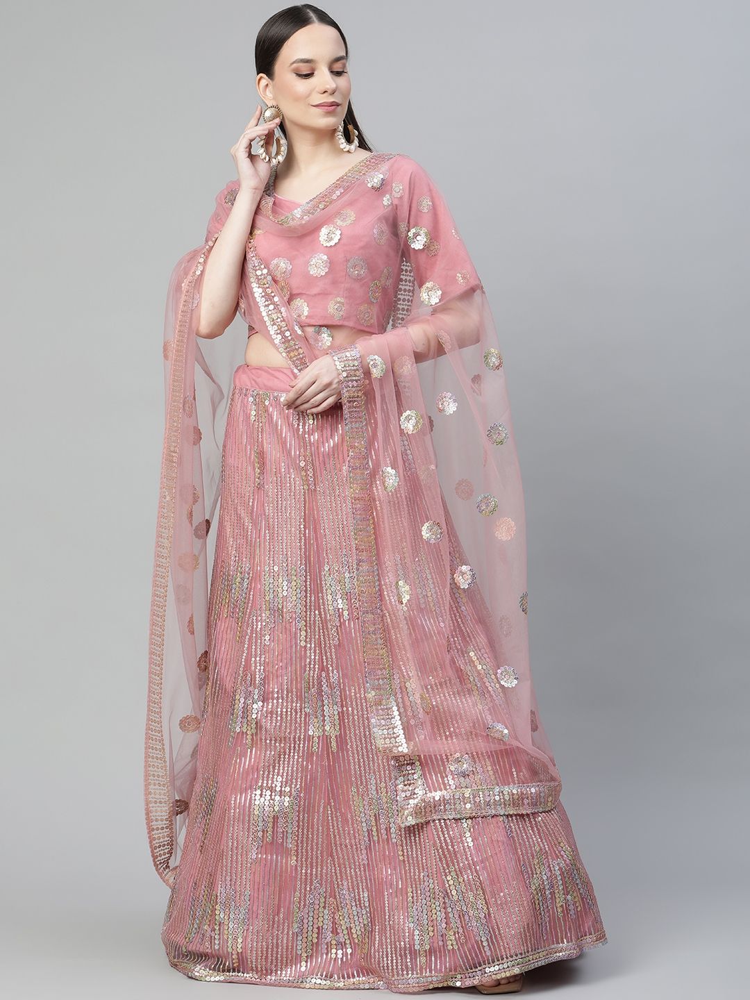 Readiprint Fashions Pink Embellished Sequinned Semi-Stitched Lehenga & Unstitched Blouse With Dupatta Price in India