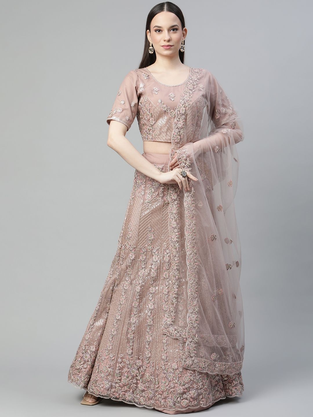 Readiprint Fashions Mauve Embroidered Sequinned Semi-Stitched Lehenga & Unstitched Blouse With Dupatta Price in India