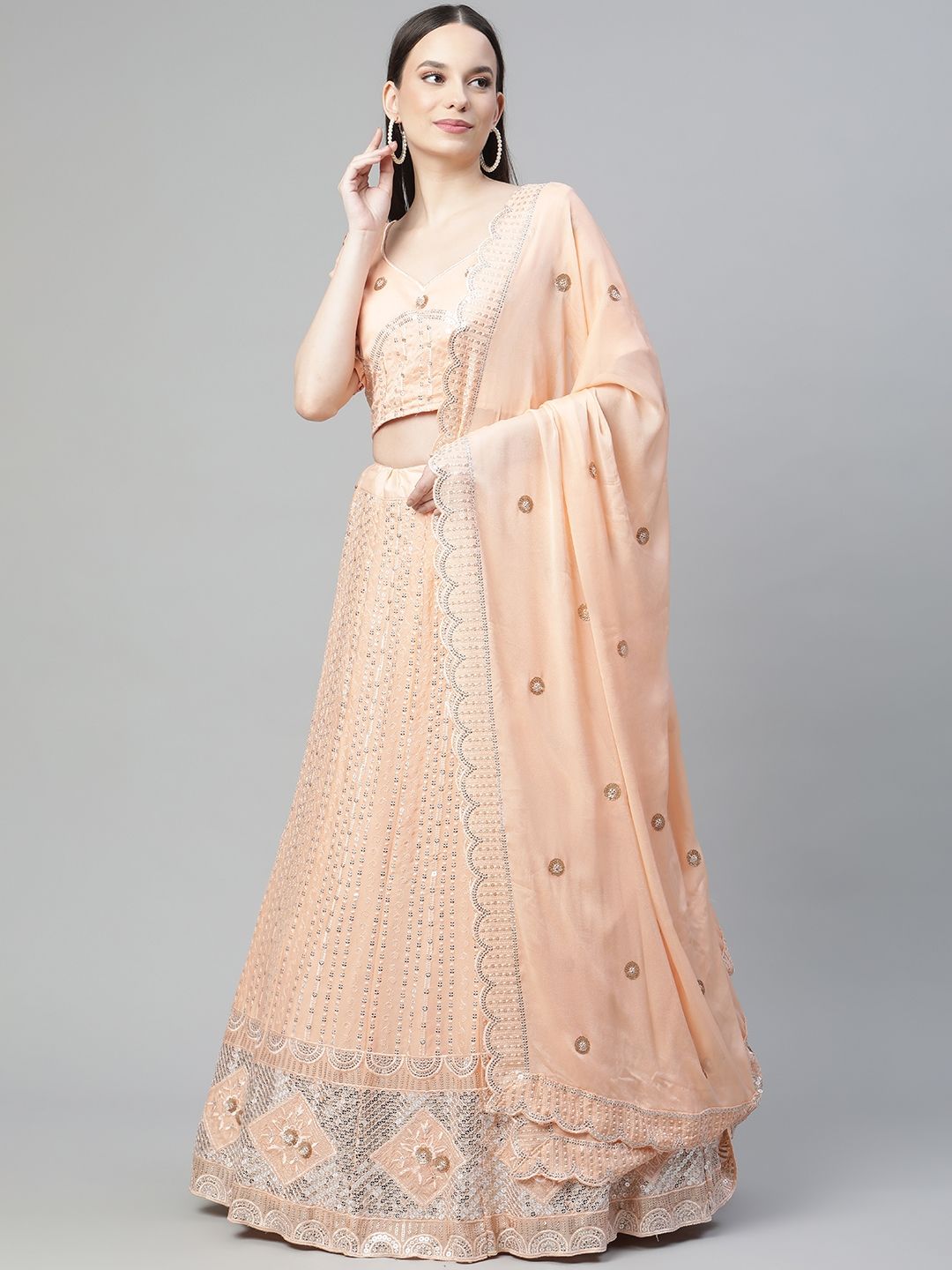 Readiprint Fashions Peach-Coloured Embroidered Sequinned Semi-Stitched Lehenga & Unstitched Blouse With Price in India