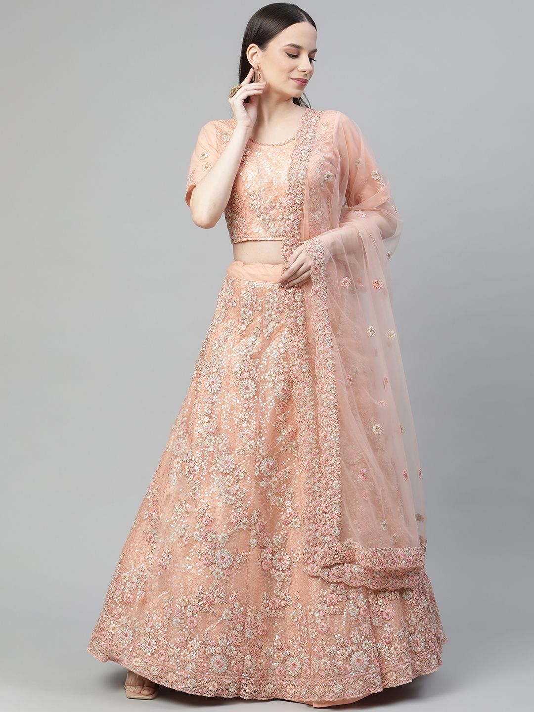 Readiprint Fashions Peach-Coloured Embroidered Sequinned Semi-Stitched Lehenga & Unstitched Blouse With Price in India