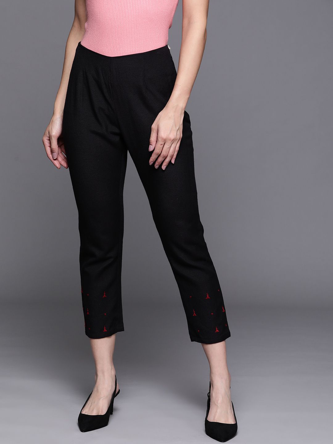 PINKSKY Women Black Embroidered Smart Slim Fit Trousers Price in India