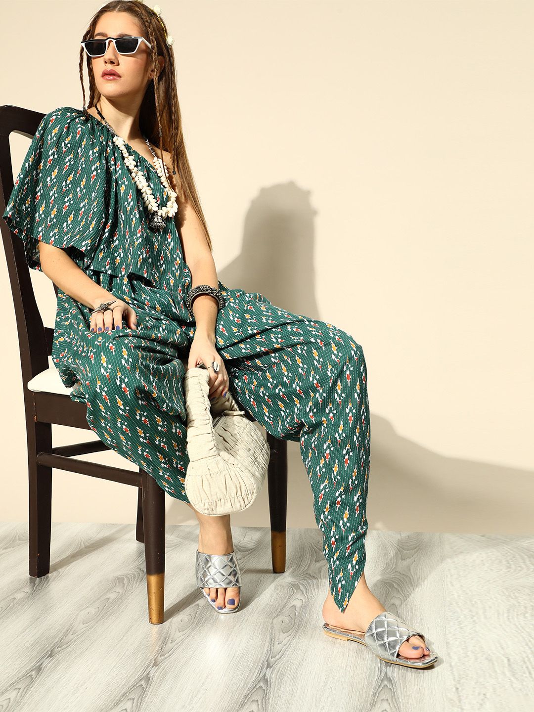 InWeave Women Gorgeous Green Printed One-Shoulder Jumpsuit Price in India