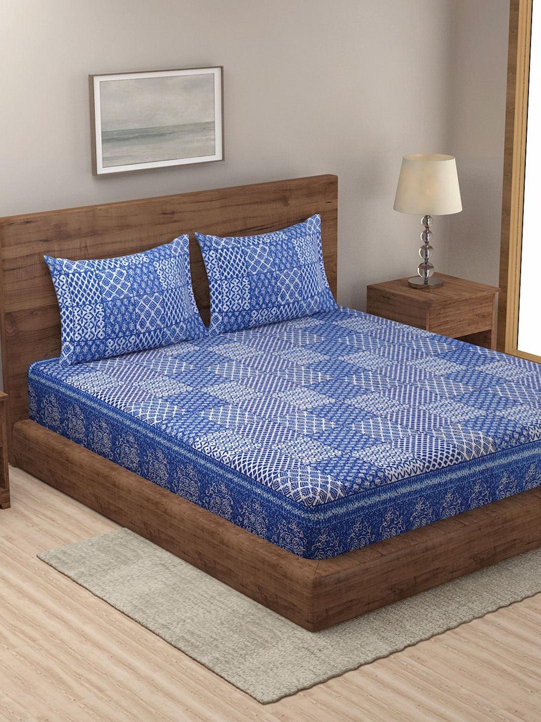 Rajasthan Decor Blue & White Ethnic Motifs 120 TC King Bedsheet with 2 Pillow Covers Price in India