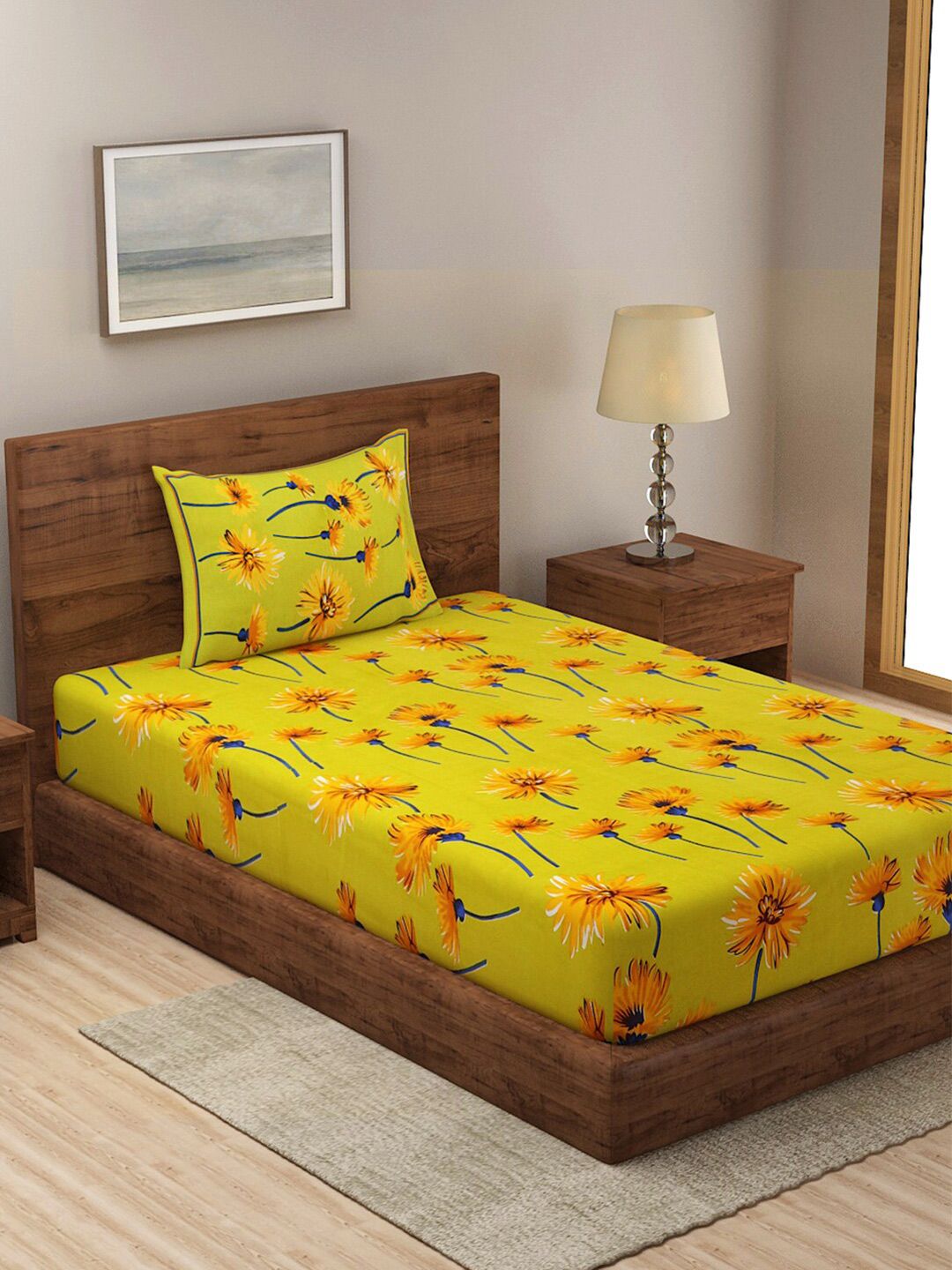 Rajasthan Decor Yellow & Blue Floral Pure Cotton 120 TC Single Bedsheet & 1 Pillow Covers Price in India