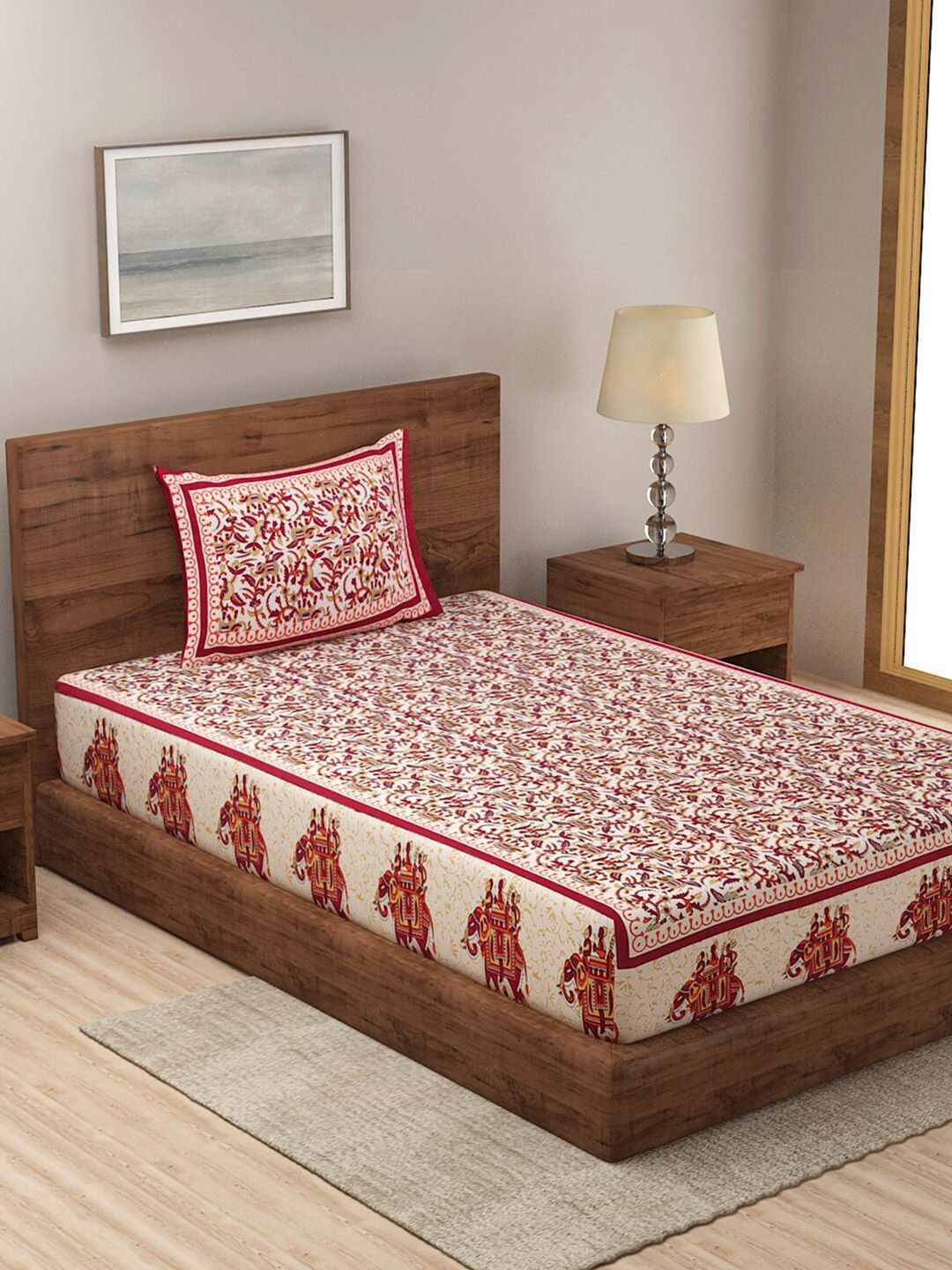 Rajasthan Decor Beige & Magenta Floral Pure Cotton 120 TC Single Bedsheet & 1 Pillow Cover Price in India
