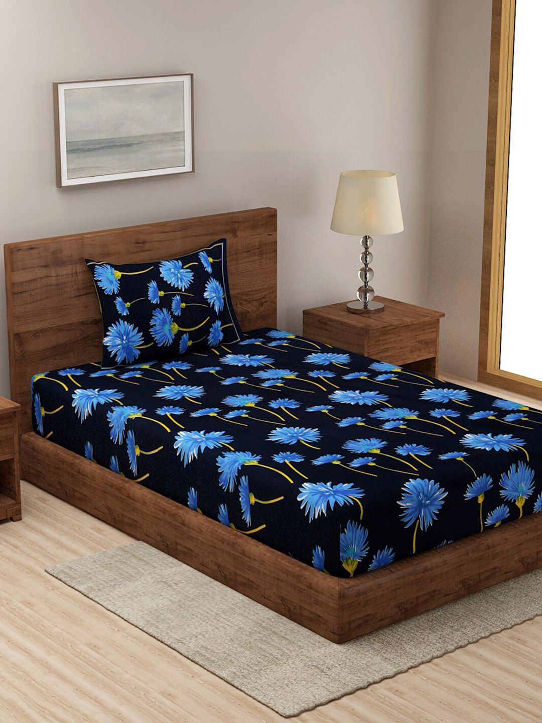 Rajasthan Decor Blue & Yellow Floral 120 TC Single Bedsheet with 2 Pillow Covers Price in India