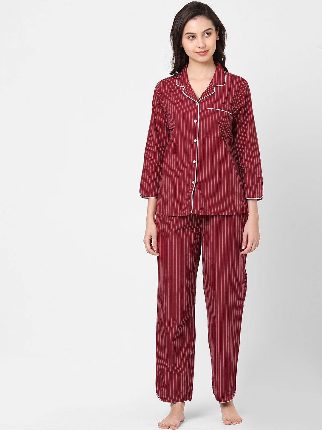 Mystere Paris Women Maroon & White Striped Night suit Price in India