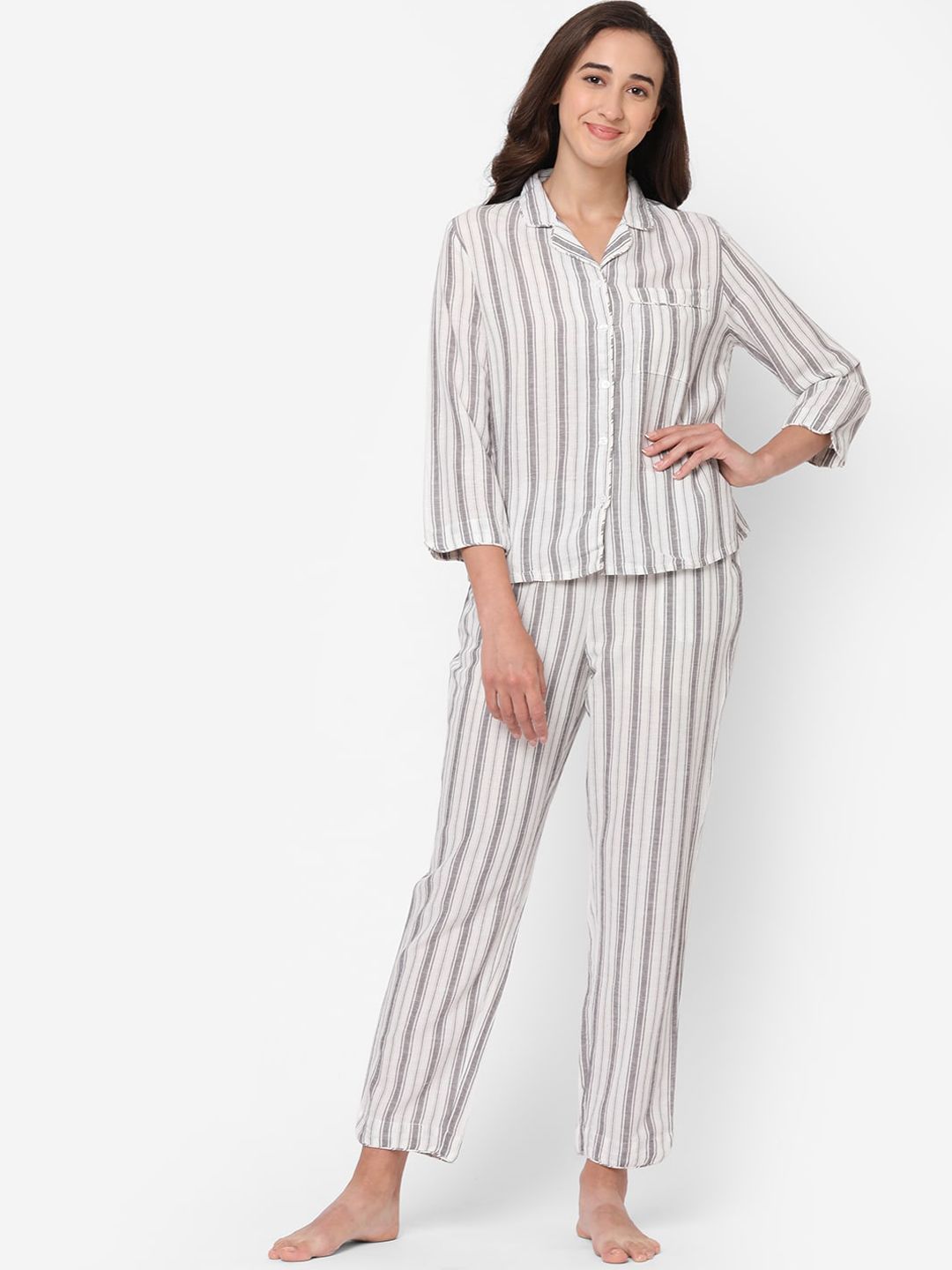 Mystere Paris Women White Striped Night Suit Set Price in India