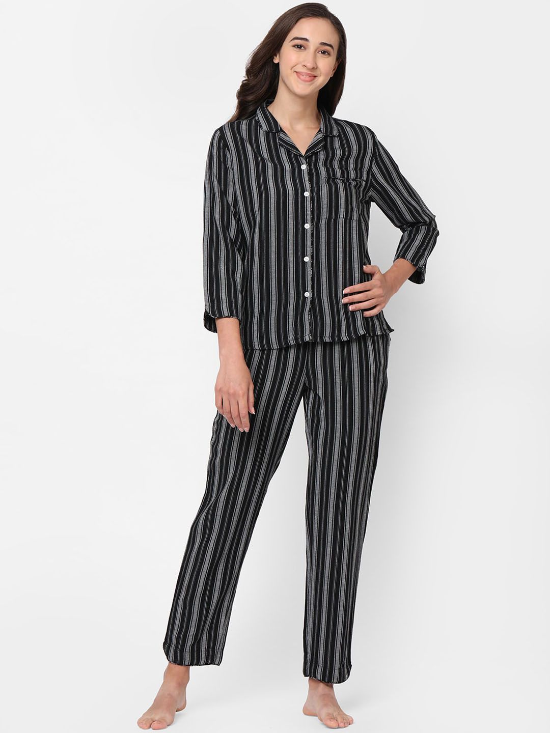 Mystere Paris Women Black & Grey Striped Pure Cotton Night suit Price in India