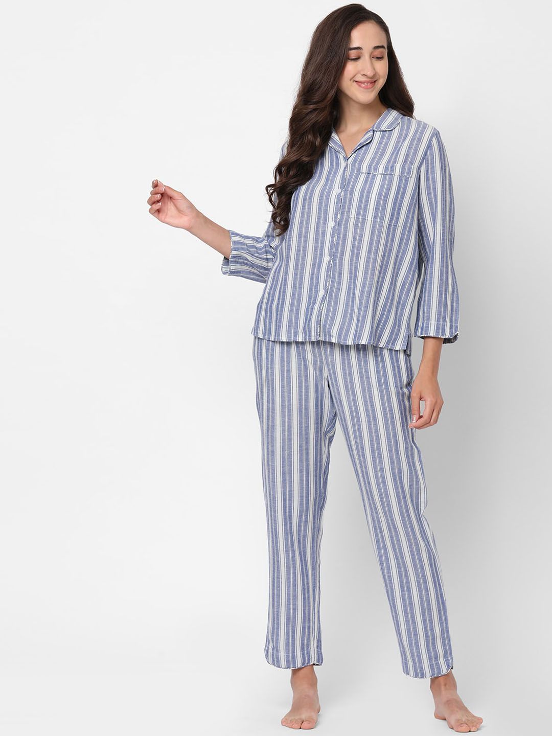 Mystere Paris Women Blue & White Striped Pure Cotton Night suit Price in India