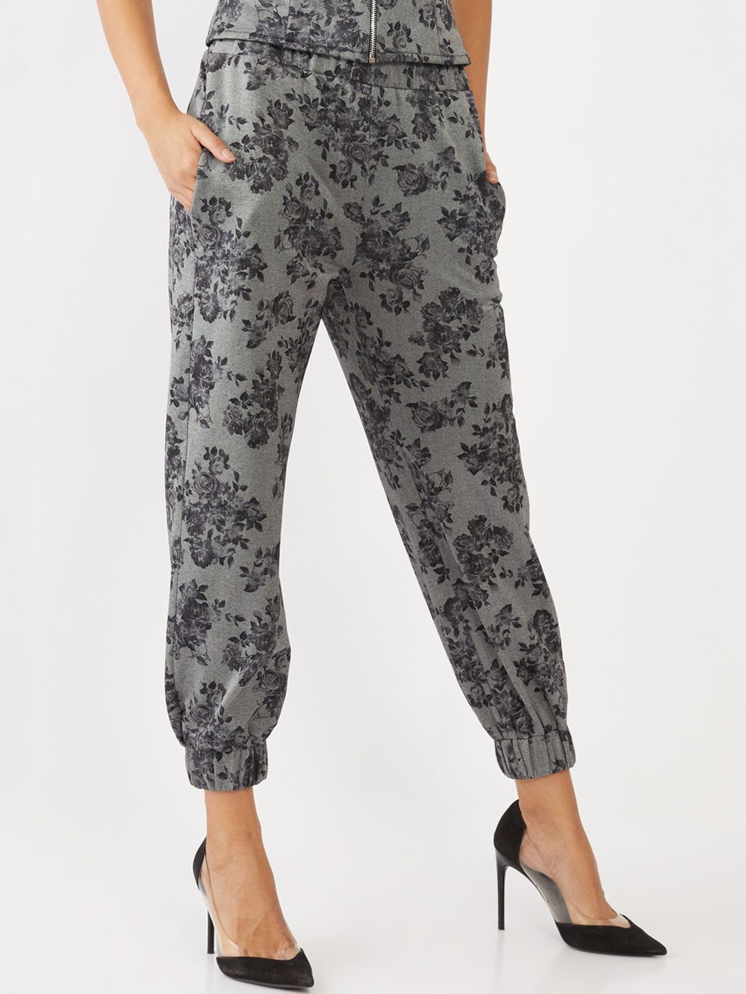 Zink London Women Grey Floral Printed Slim Fit High-Rise Joggers Trousers Price in India
