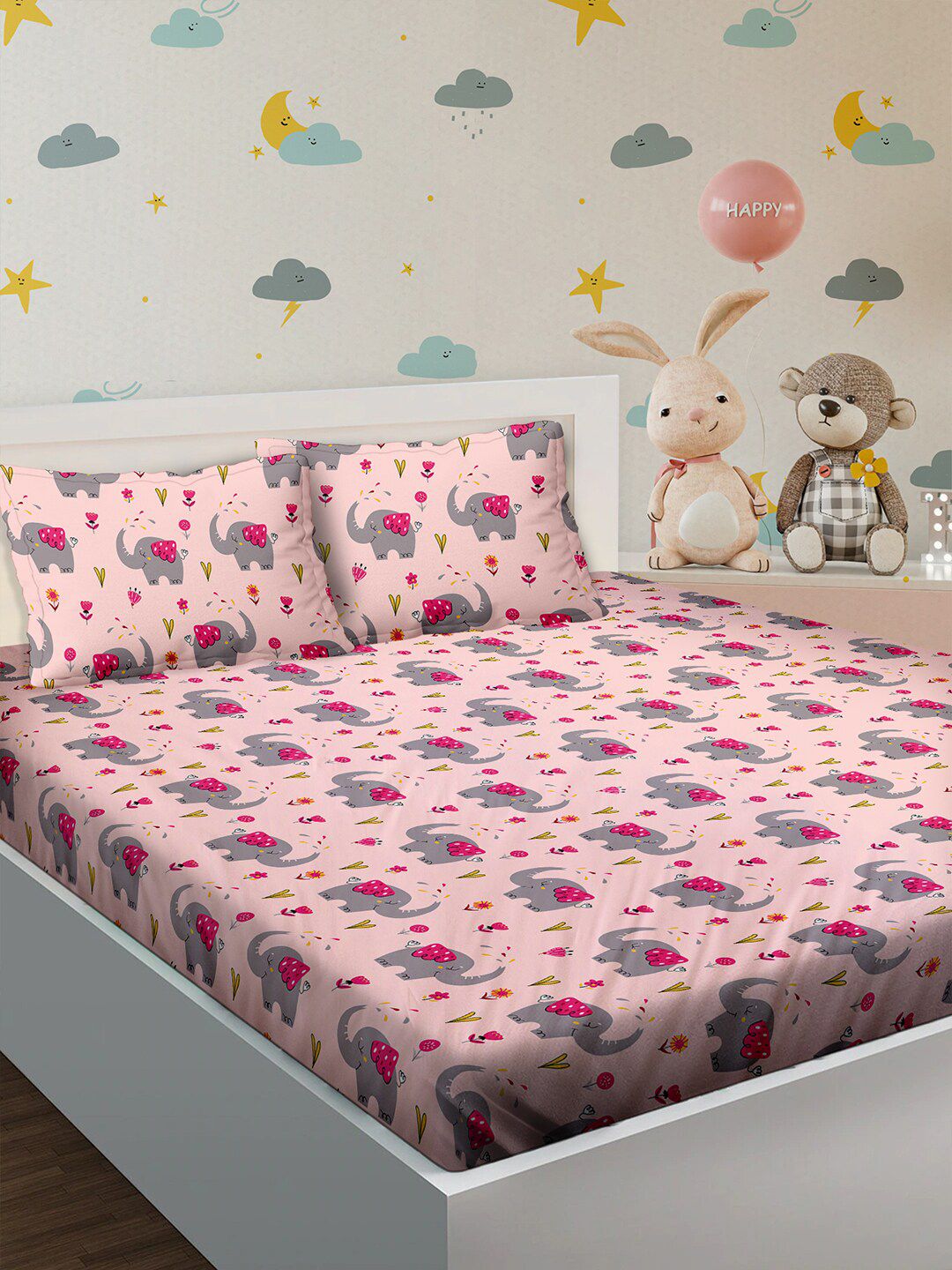 BELLA CASA Kids 180 TC Peach Cartoon Characters Double Bedsheet with 2 Pillow Covers Price in India