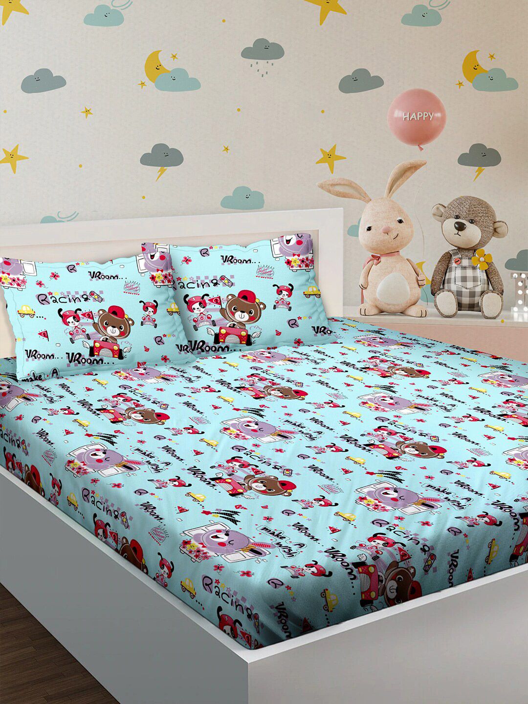 BELLA CASA Blue & Red Cartoon Characters 180 TC Cotton King Bedsheet with 2 Pillow Covers Price in India