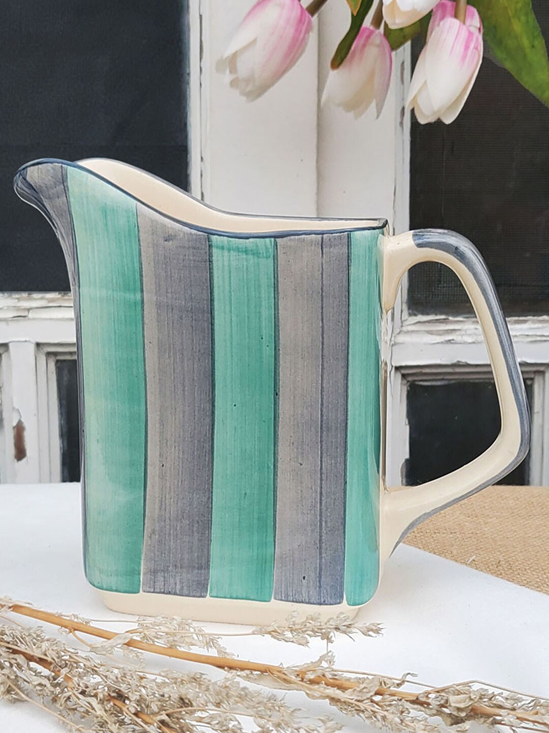 Folkstorys Blue & Green Striped Handcrafted Ceramic Water Jug Price in India