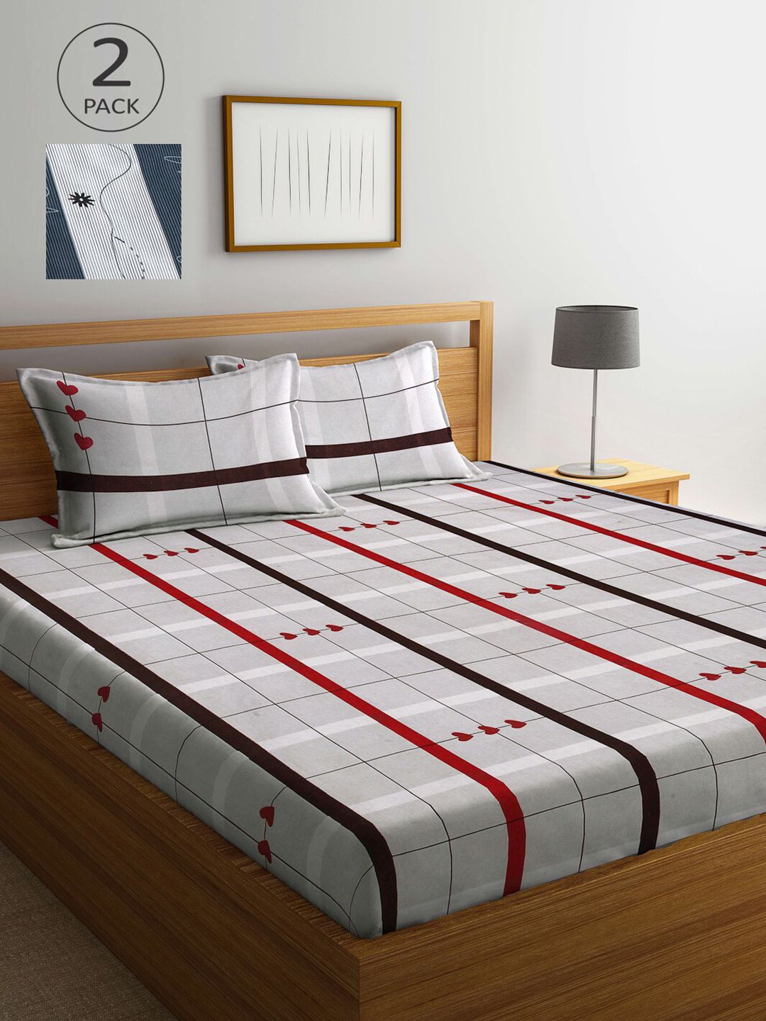 Arrabi Pack of 2 Grey & Red Striped 300 TC 2 King Bedsheet with 4 Pillow Covers Price in India