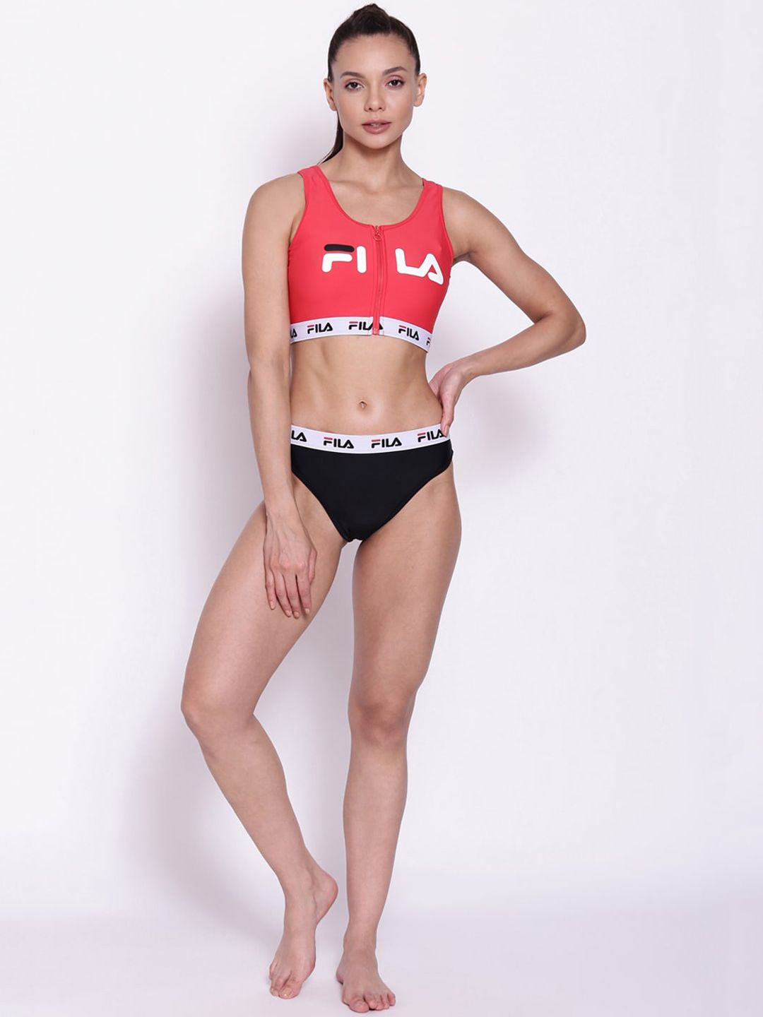 FILA Women Red & White Brand Logo Printed Two-Piece Swim Set Price in India