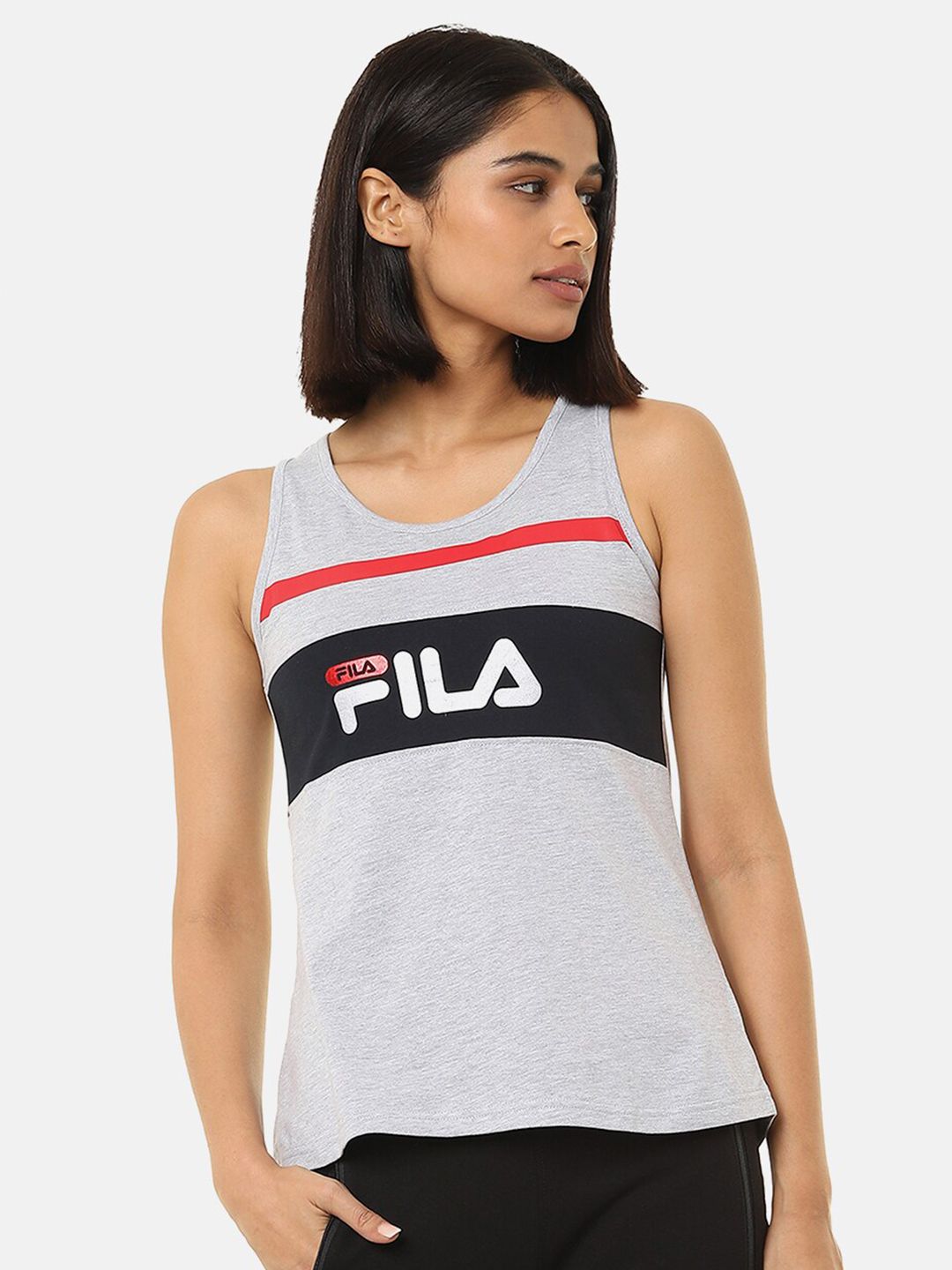 FILA Women Grey & Black Brand Logo Printed Pure Cotton T-shirt Price in India