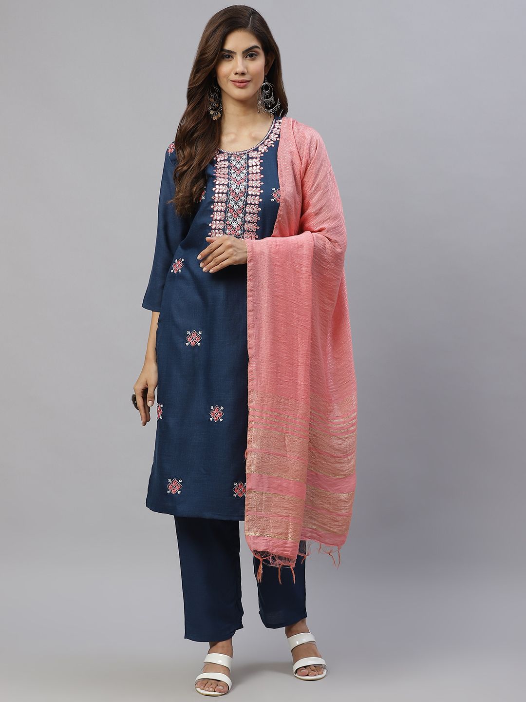 SWAGG INDIA Women Navy Blue Ethnic Motifs Embroidered Regular Kurta with Trousers & With Dupatta Price in India