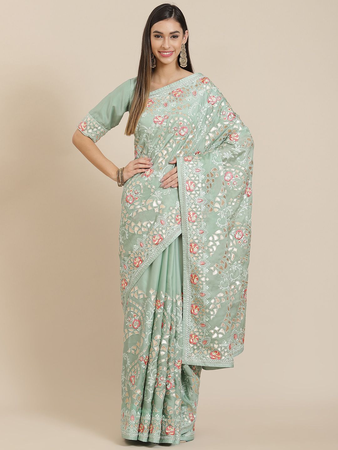 Readiprint Fashions Green Floral Embroidered Gotta Patti Saree Price in India