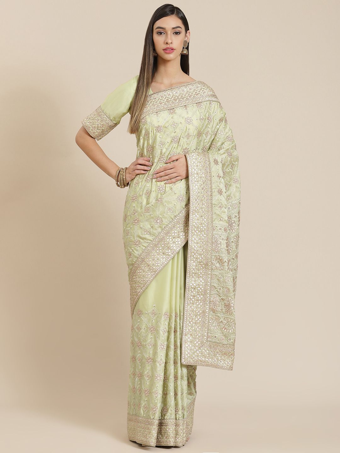 Readiprint Fashions Lime Green Ethnic Motifs Embroidered Gotta Patti Georgette Saree Price in India
