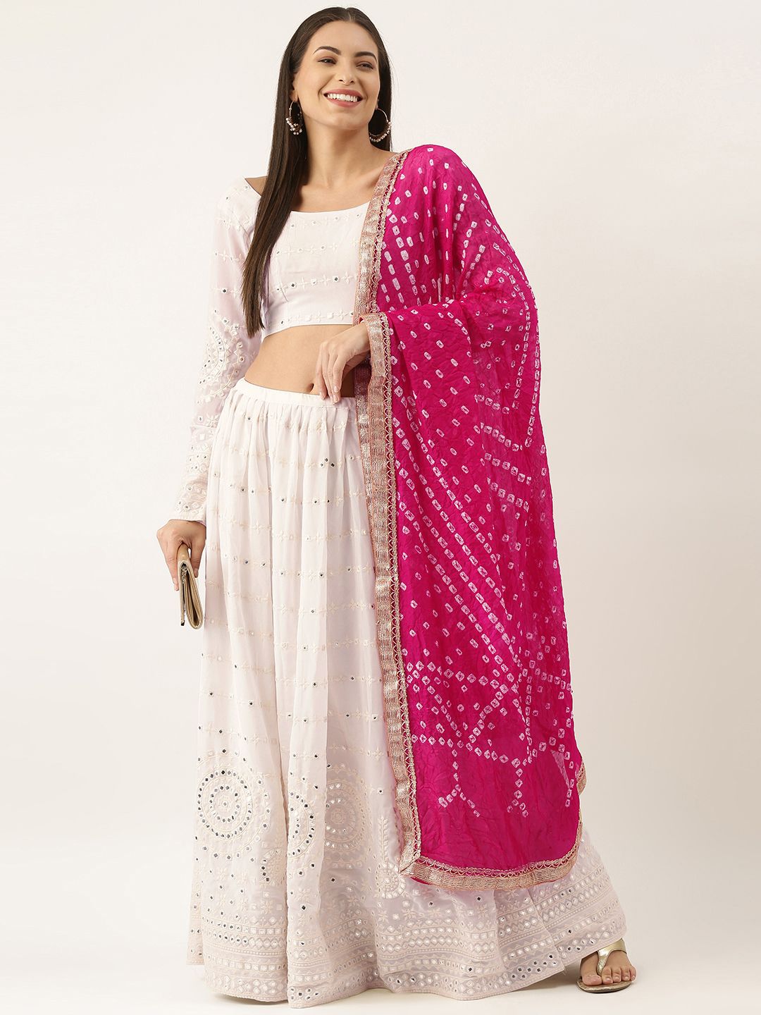 LOOKNBOOK ART White & Pink Embellished Mirror Work Shibori Made to Measure Lehenga & Unstitched Blouse With Price in India