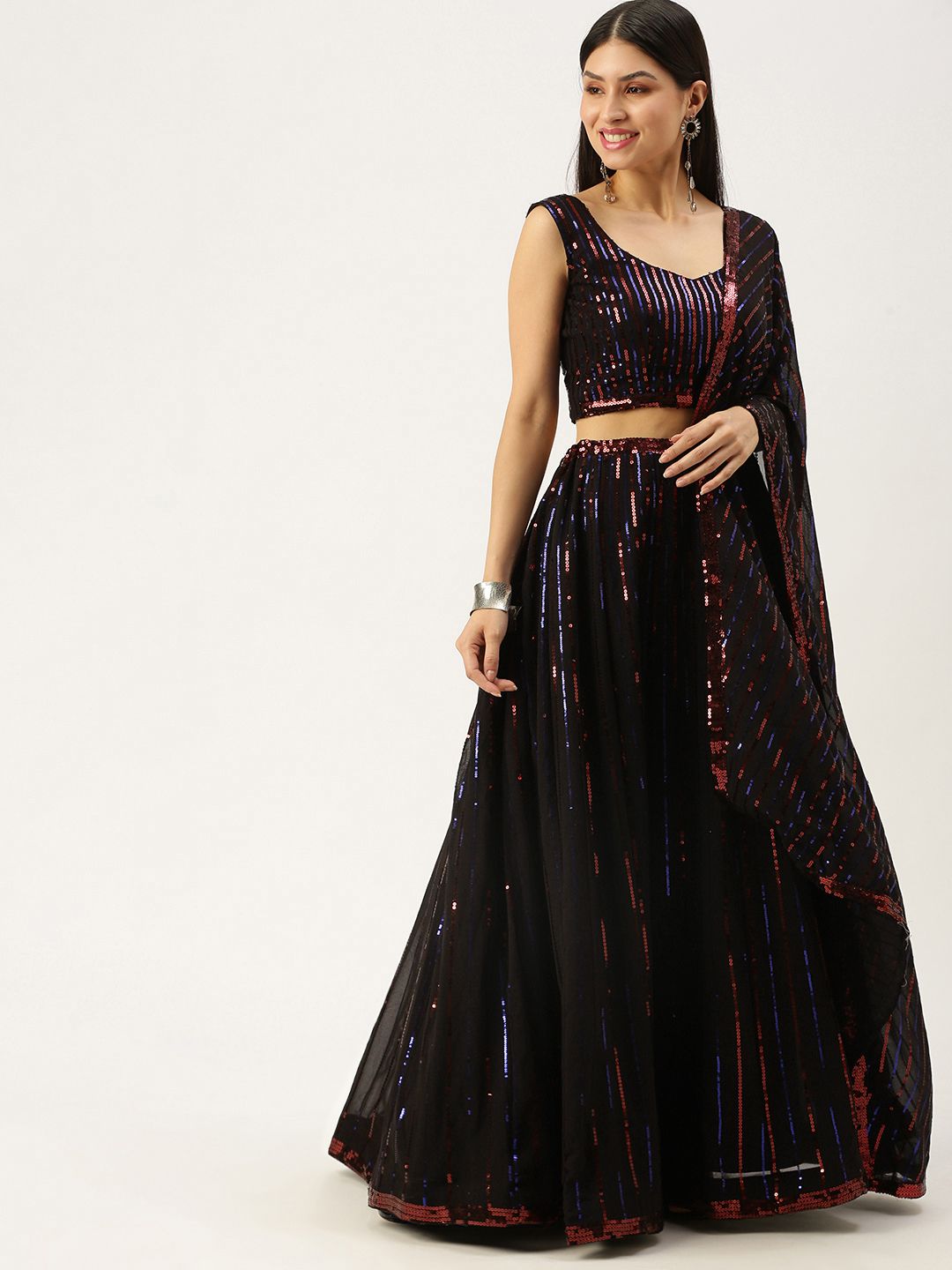 LOOKNBOOK ART Black Embellished Sequinned Semi-Stitched Lehenga & Unstitched Blouse With Dupatta Price in India
