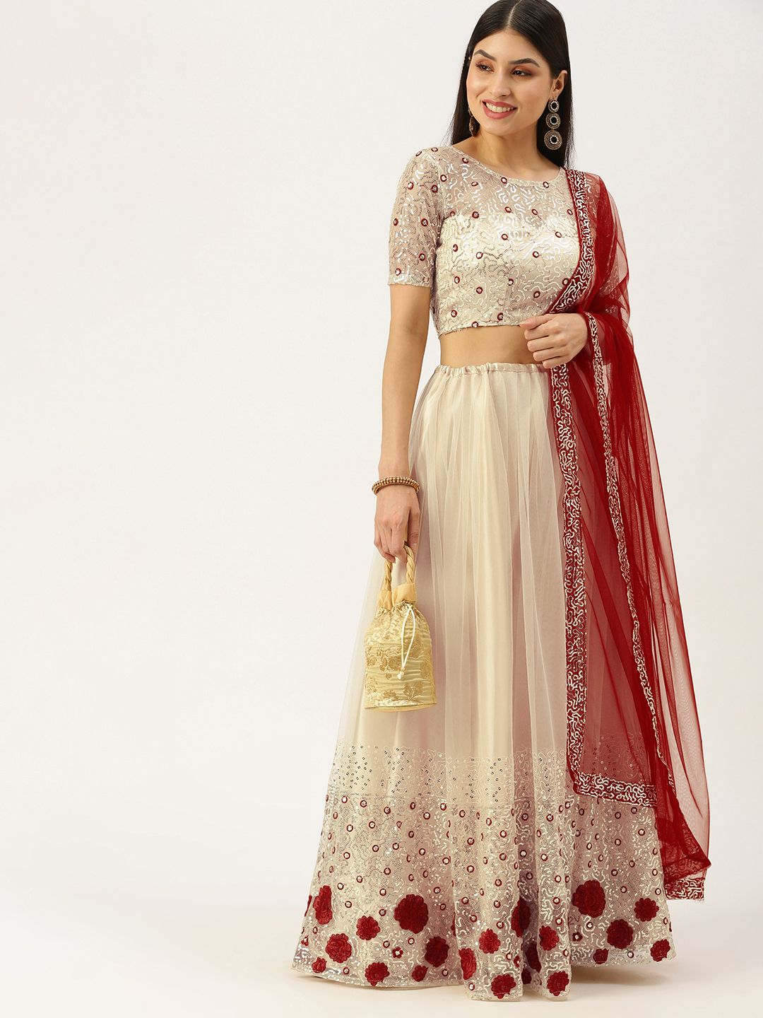 LOOKNBOOK ART Cream-Coloured Embellished Sequinned Semi-Stitched Lehenga & Unstitched Blouse With Dupatta Price in India