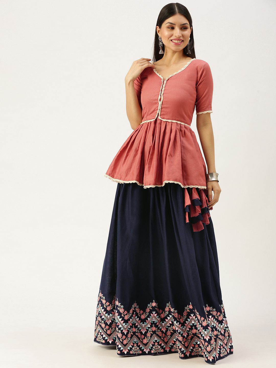 LOOKNBOOK ART Navy Blue & Peach-Coloured Semi-Stitched Lehenga & Unstitched Blouse Price in India