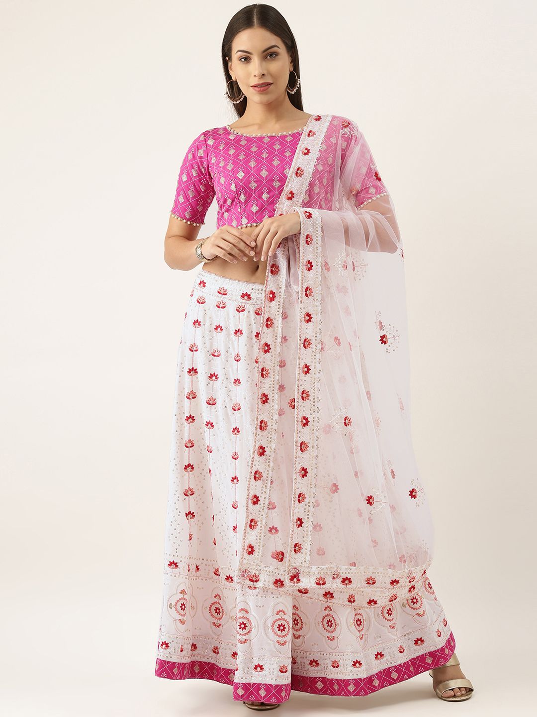 LOOKNBOOK ART White & Pink Embellished Sequinned Semi-Stitched Lehenga & Unstitched Blouse With Dupatta Price in India