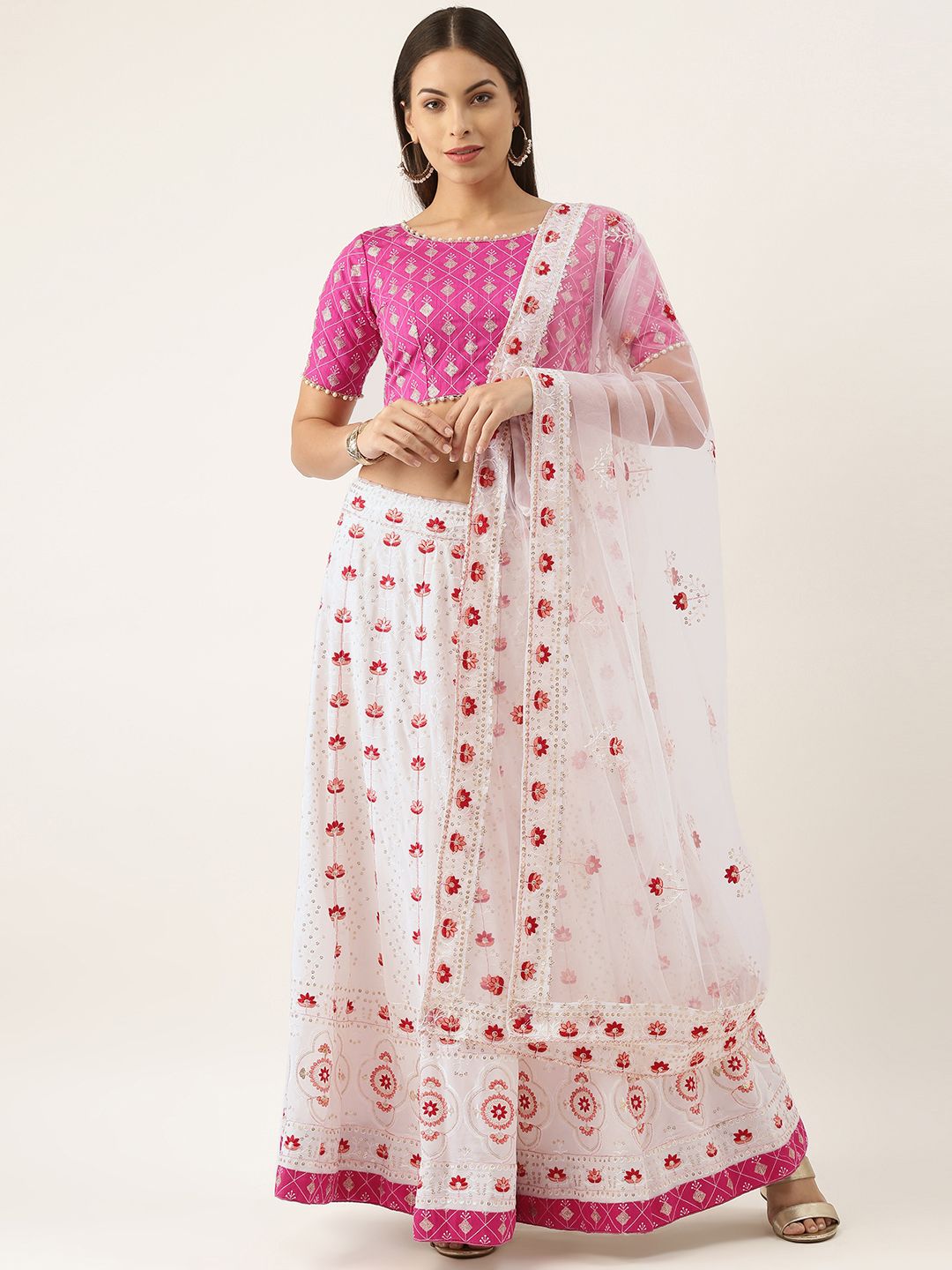 LOOKNBOOK ART White & Pink Embellished Sequinned Semi-Stitched Lehenga & Unstitched Blouse With Dupatta