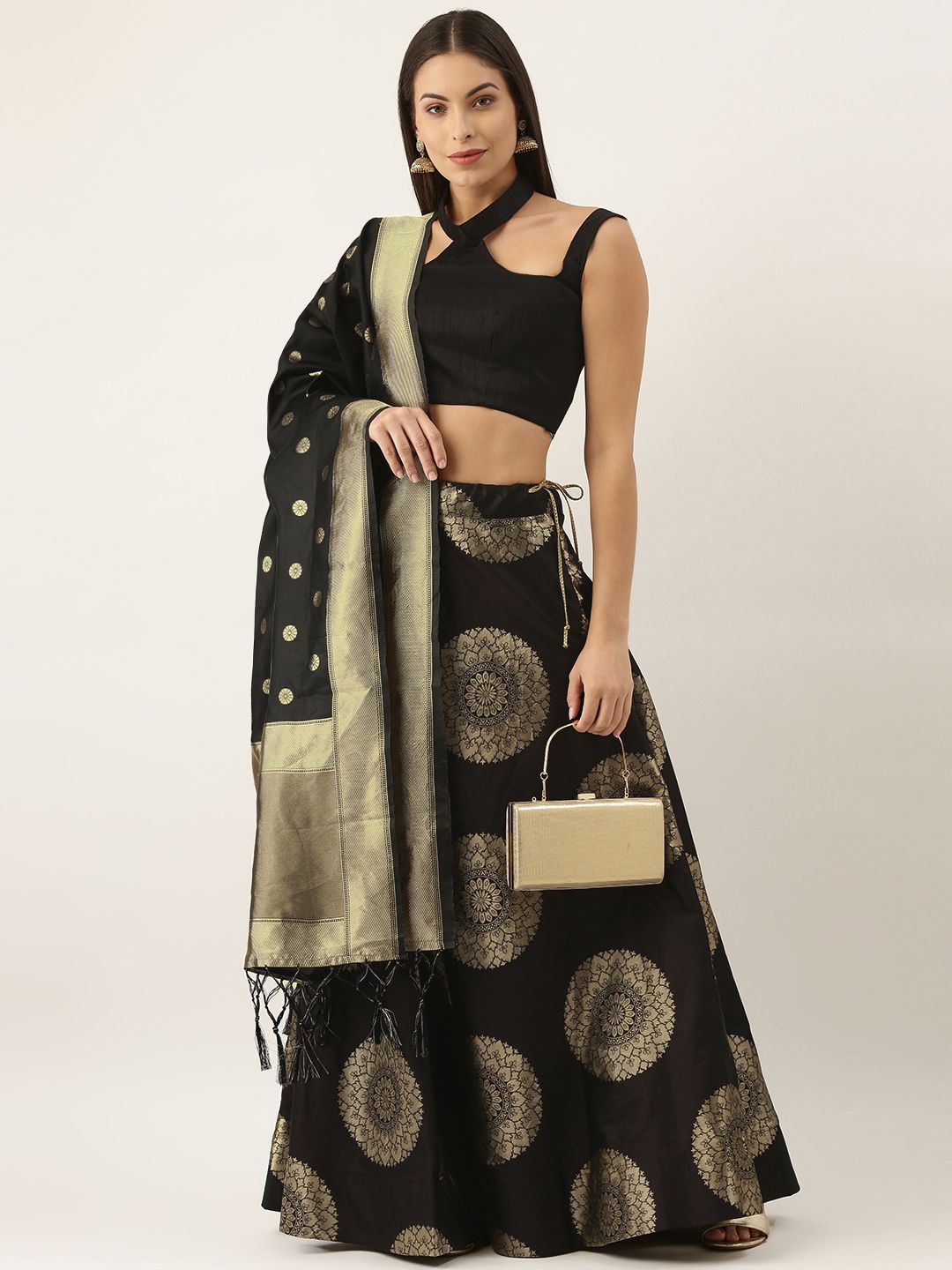 LOOKNBOOK ART Black & Gold-Toned Semi-Stitched Lehenga & Unstitched Blouse With Dupatta Price in India